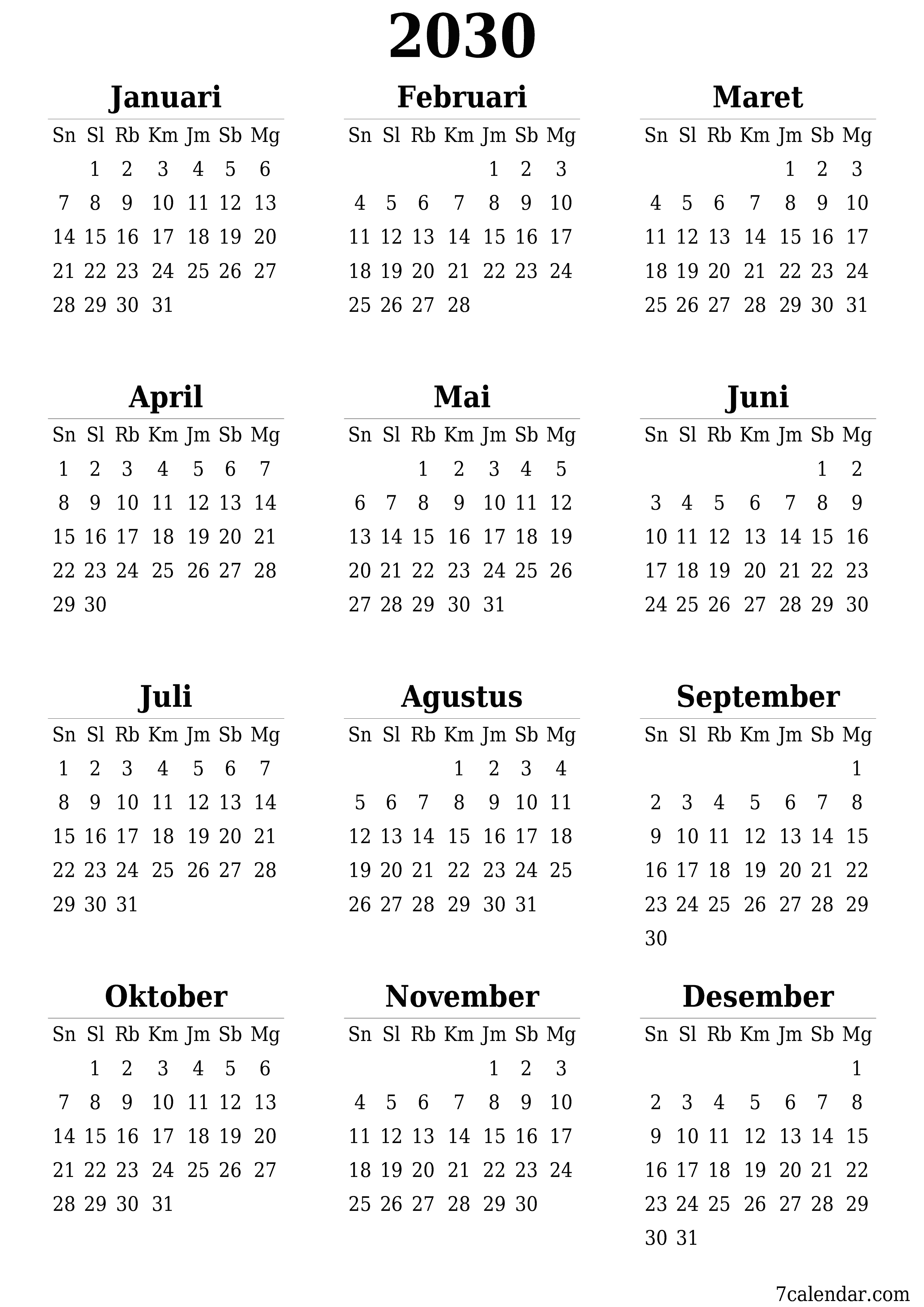 Kosongkan kalender perencana tahunan untuk tahun ini 2030 dengan catatan, simpan dan cetak ke PDF PNG Indonesian