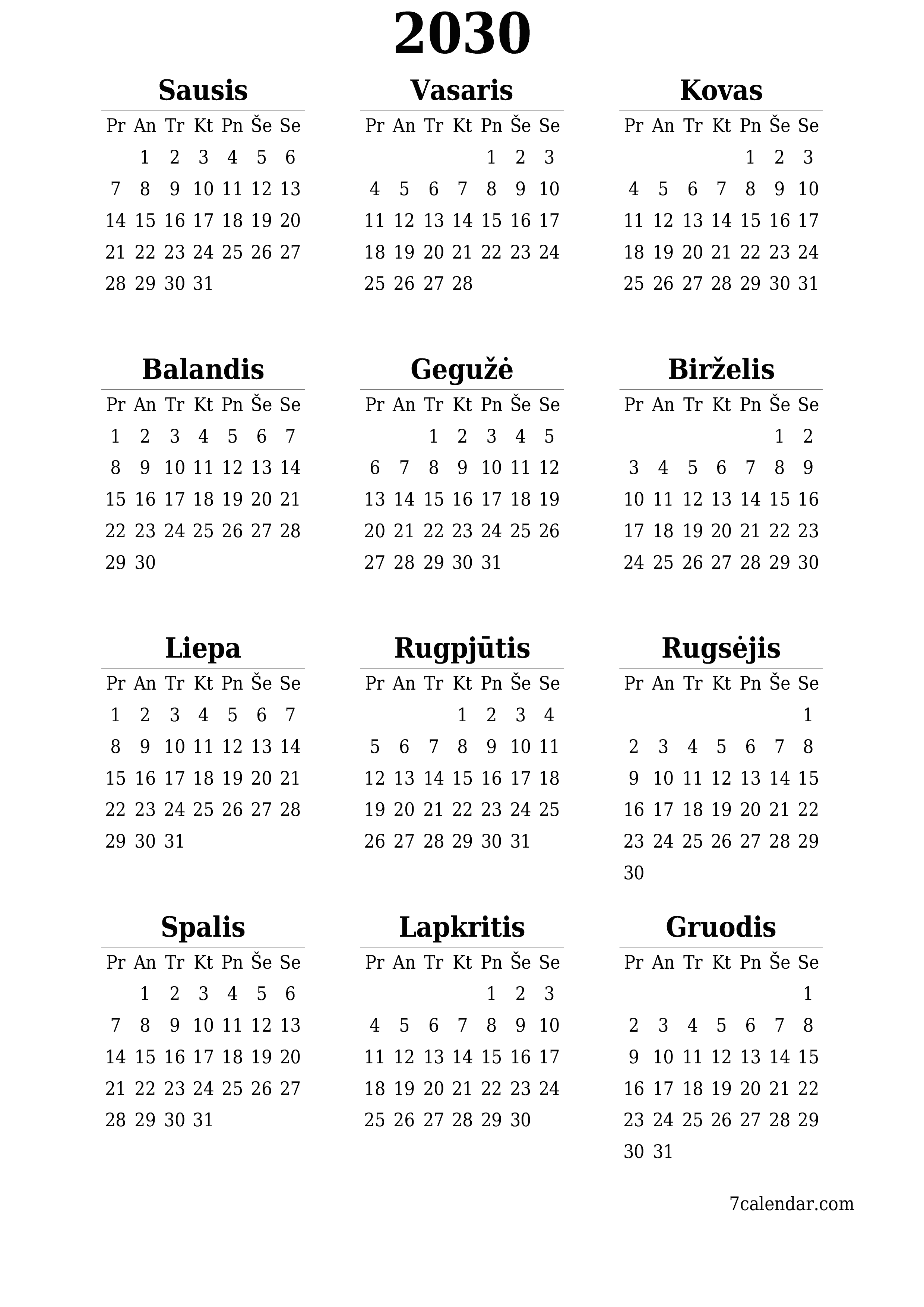 Tuščias metų planavimo kalendorius 2030 su užrašais, išsaugokite ir atsispausdinkite PDF formatu PNG Lithuanian