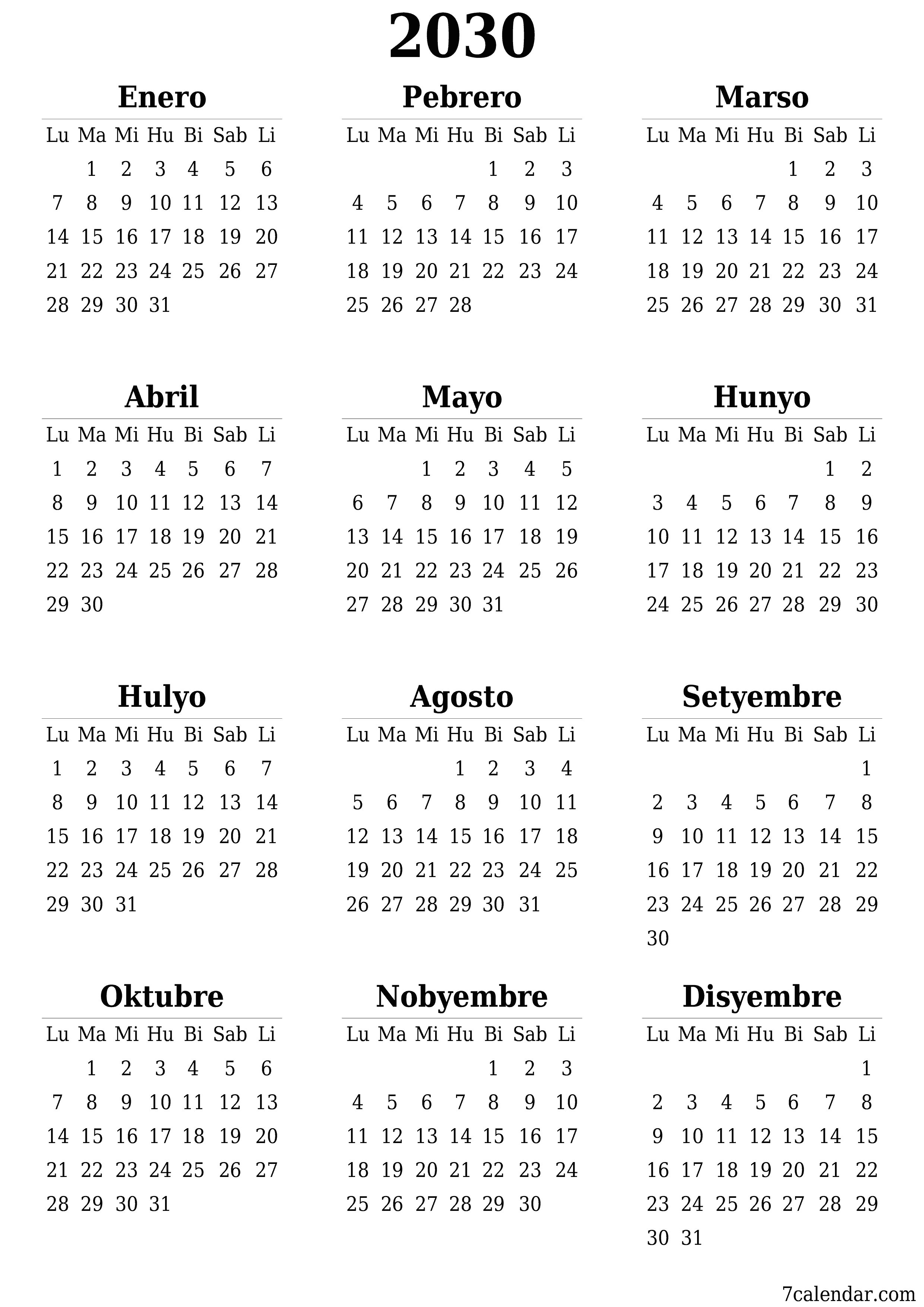 napi-print na sa dingding template ng libreng patayo Taunan kalendaryo Hunyo (Hun) 2030