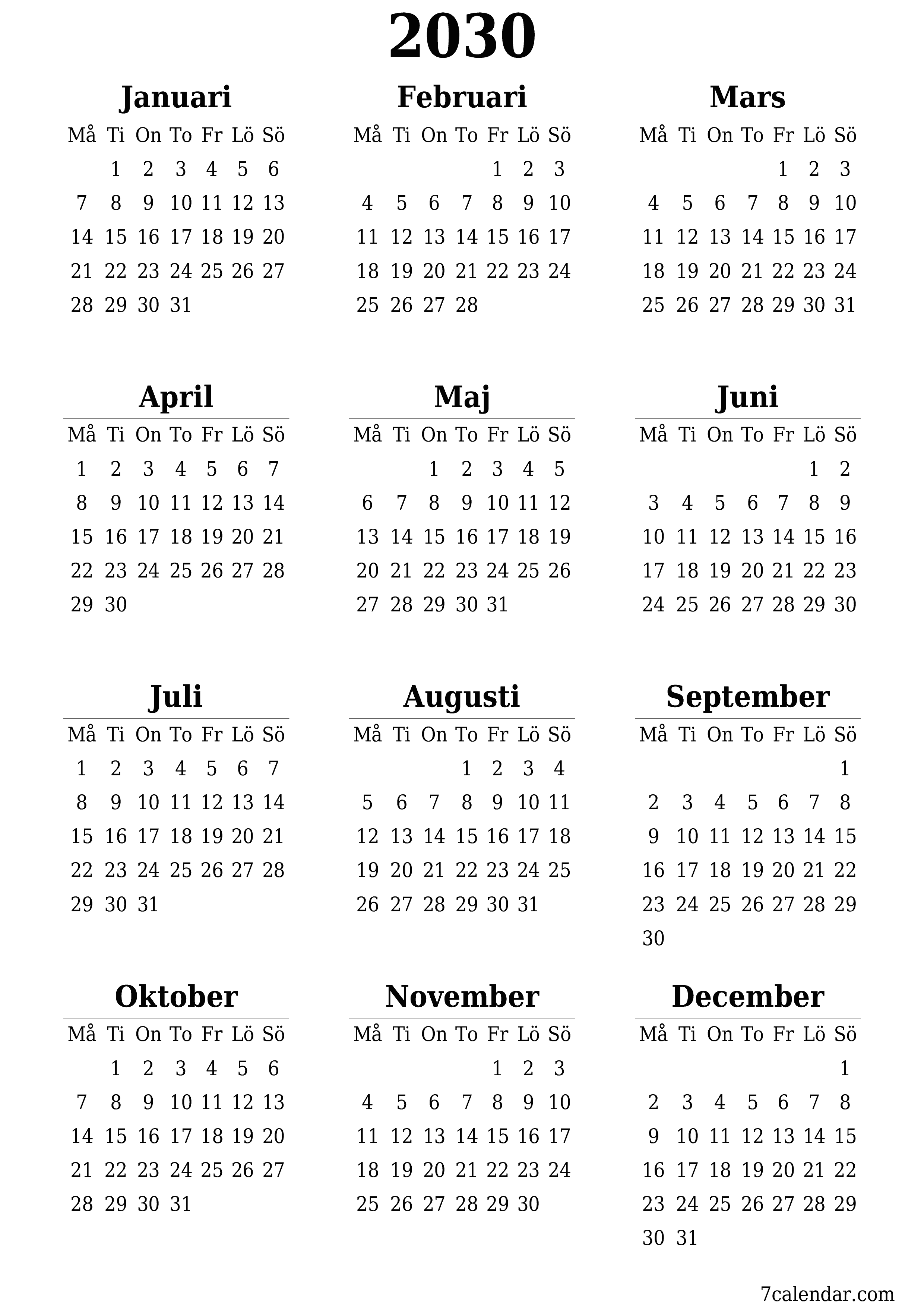 utskrivbar vägg mall gratis vertikal Årlig kalender Juni (Jun) 2030