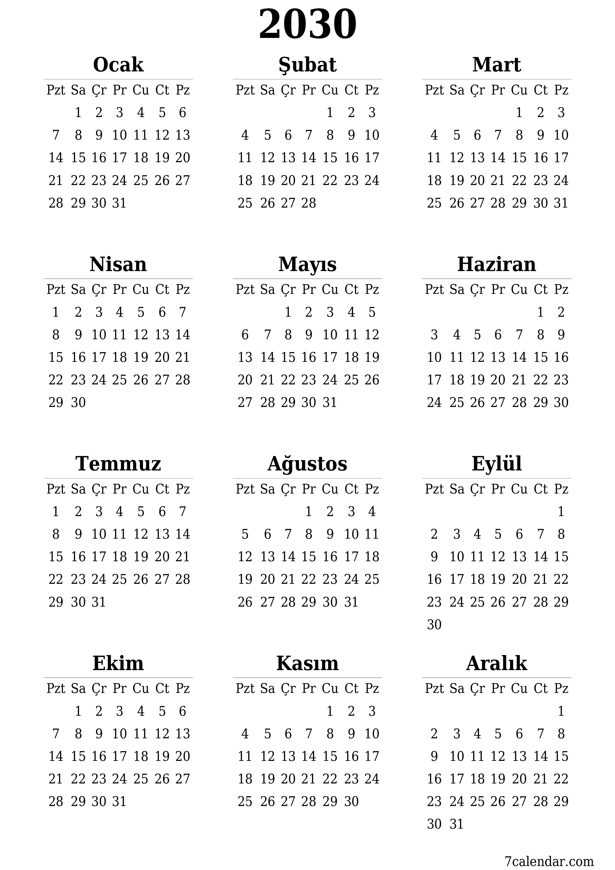 yazdırılabilir duvar i şablonu ücretsiz dikey Yıllık takvim Haziran (Haz) 2030