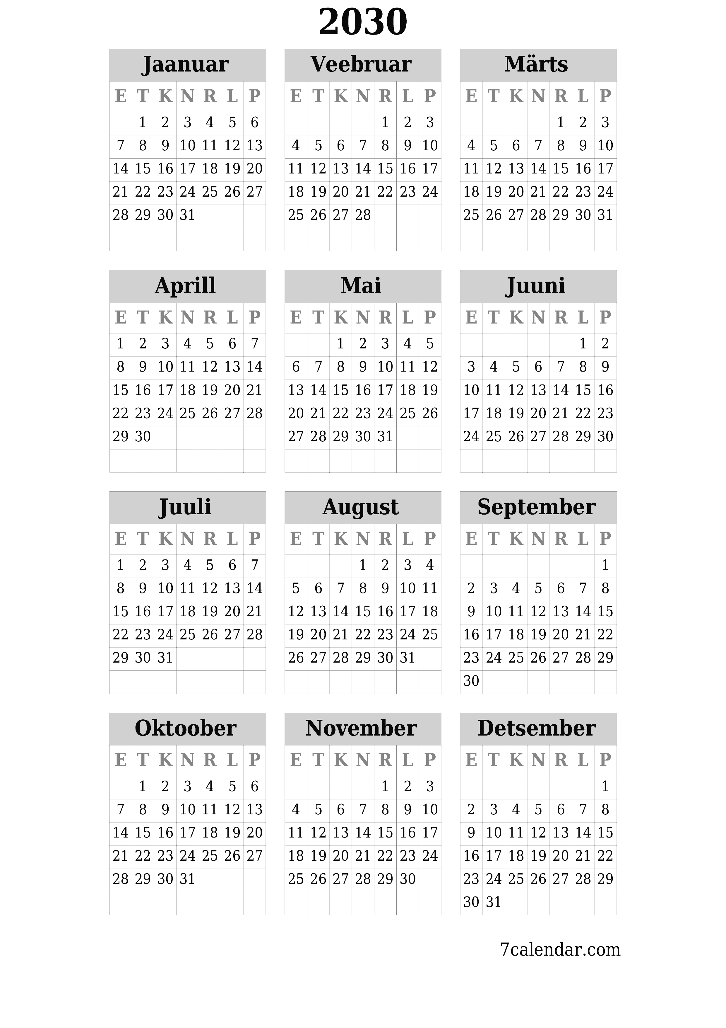 prinditav seina kalendri mall tasuta vertikaalne Iga-aastane kalender Juuni (Juuni) 2030