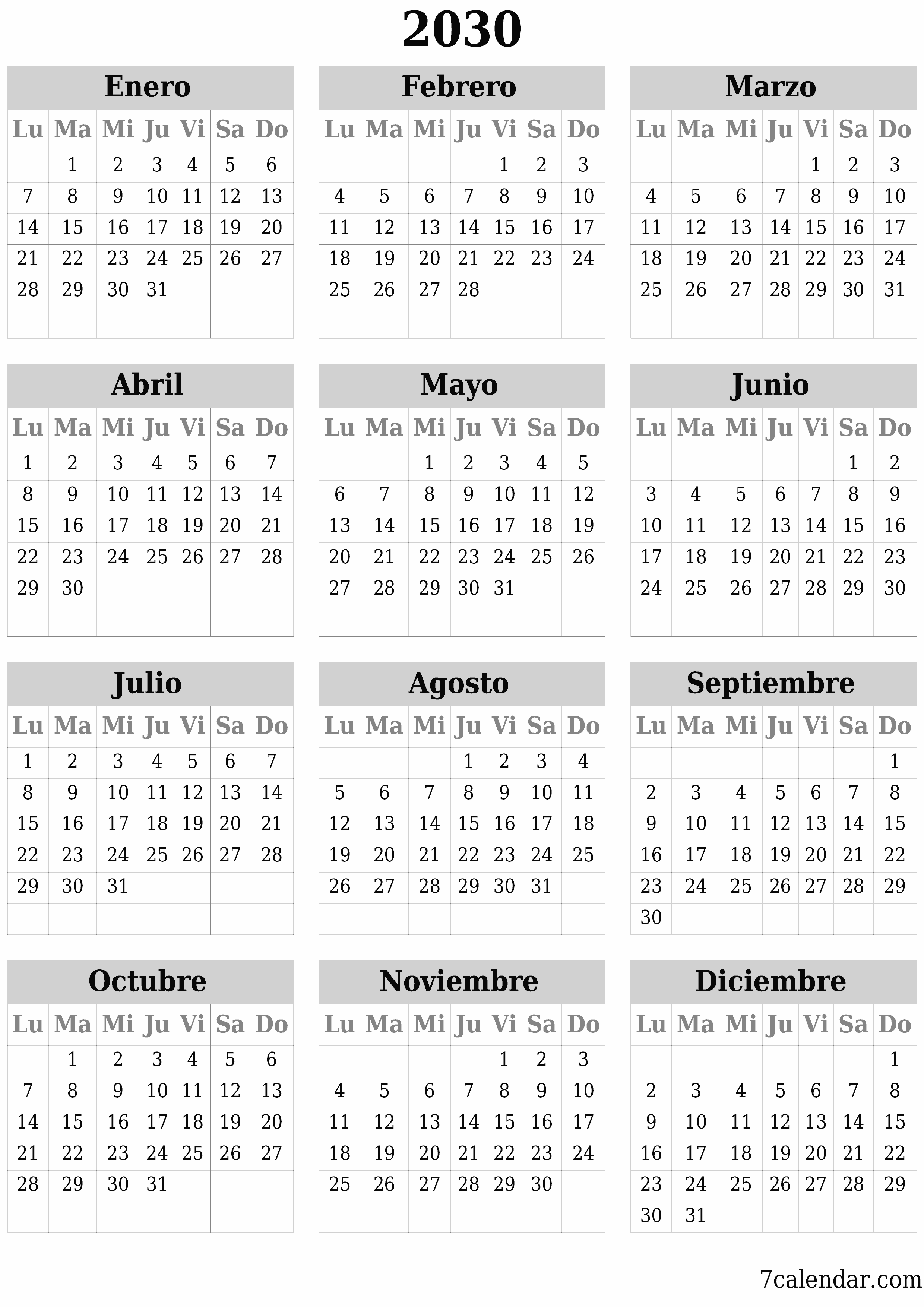 Calendario planificador anual vacío para el año 2030 con notas, guardar e imprimir en PDF PNG Spanish