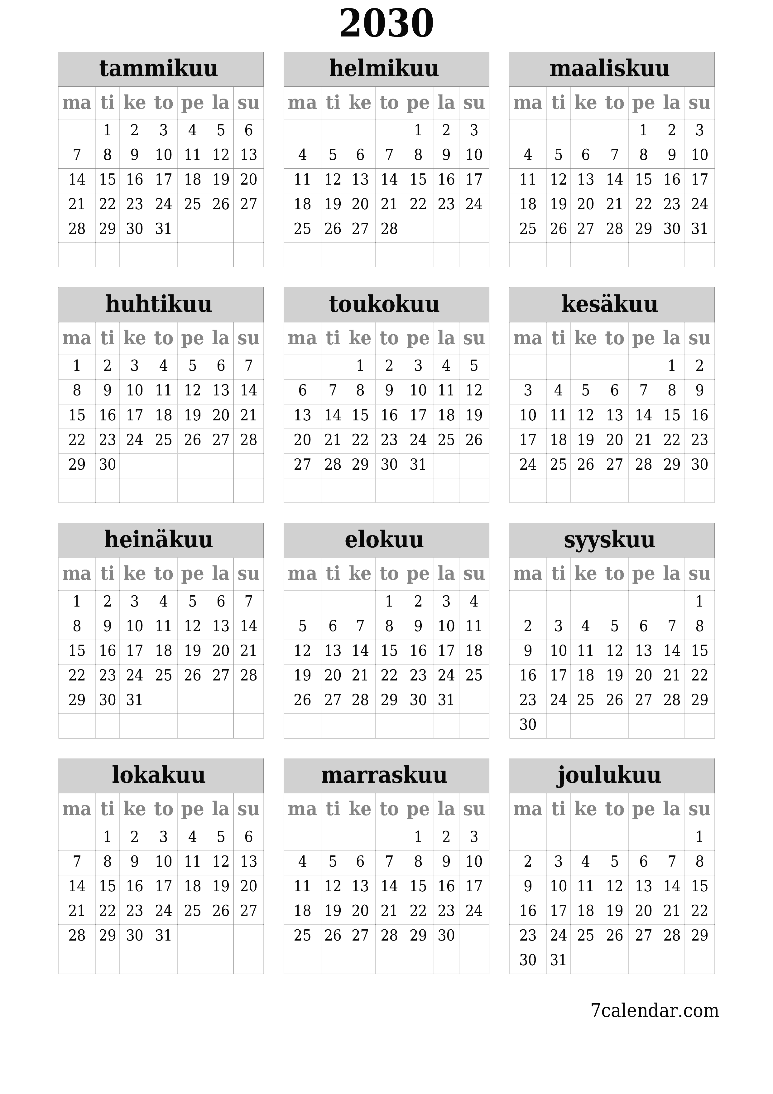 tulostettava seinä n malli ilmainen pystysuora Vuosittain kalenteri Kesäkuu (Kesä) 2030