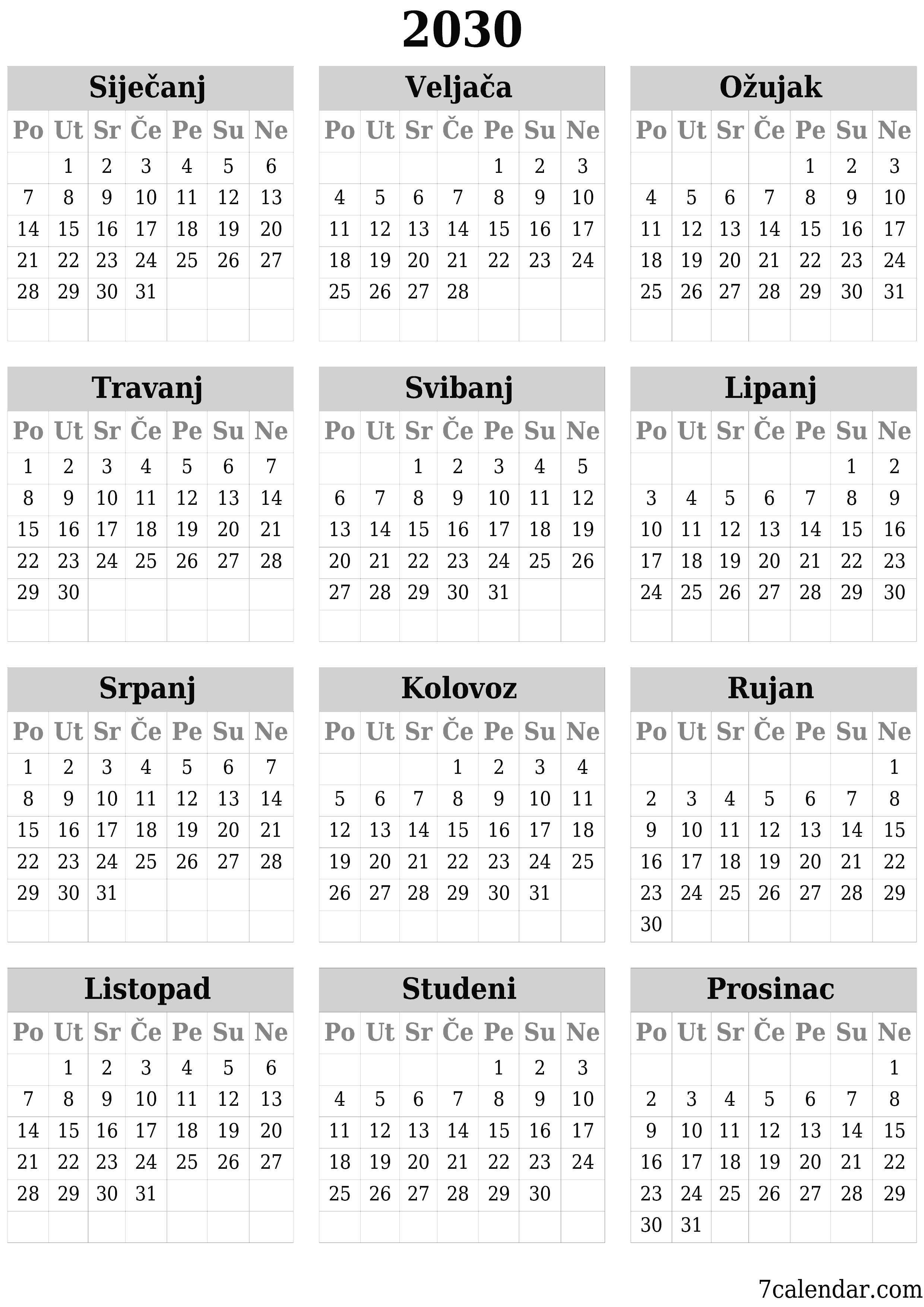 Ispraznite godišnji kalendar planera za godinu 2030 s bilješkama, spremite i ispišite u PDF PNG Croatian