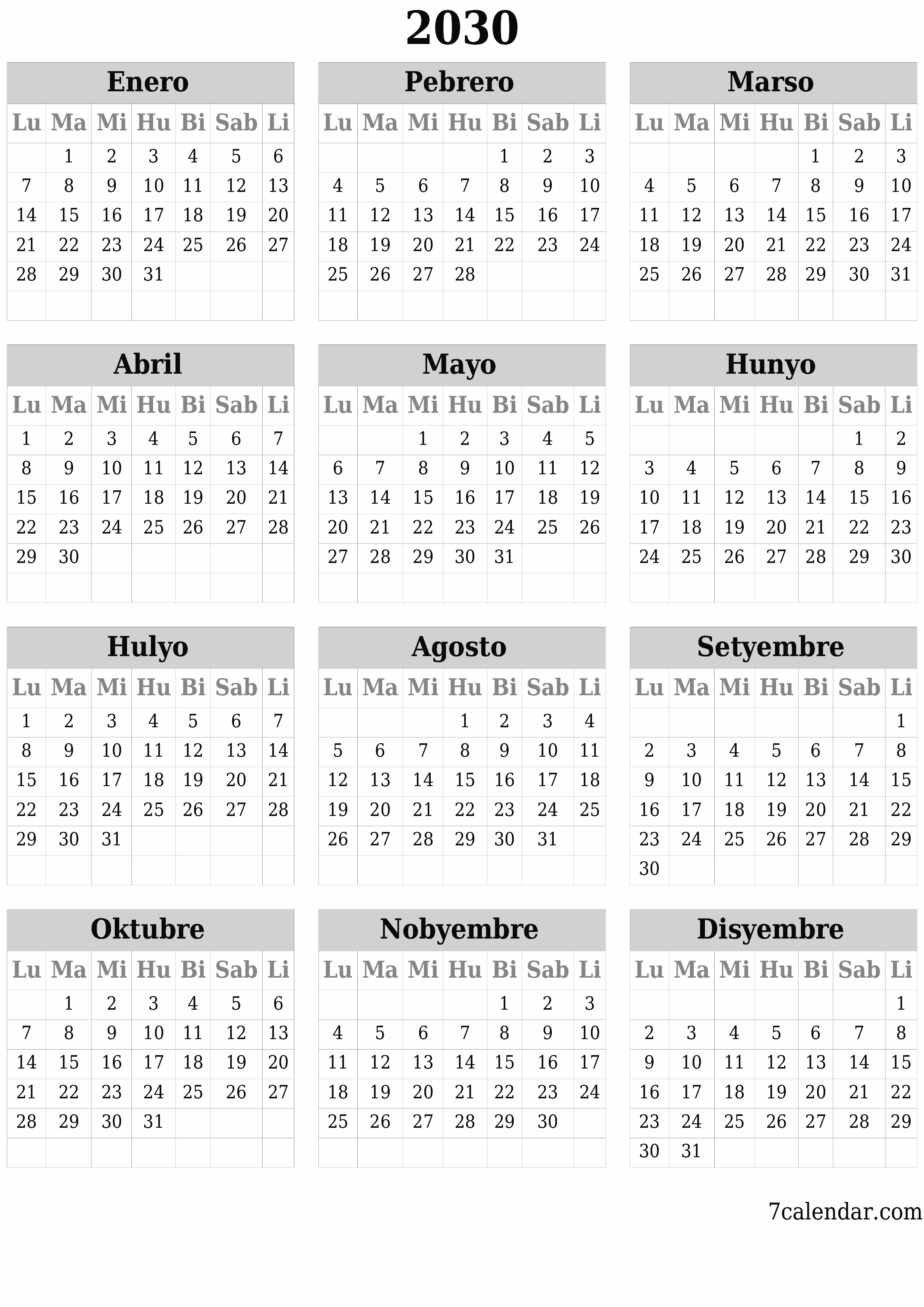 napi-print na sa dingding template ng libreng patayo Taunan kalendaryo Hunyo (Hun) 2030