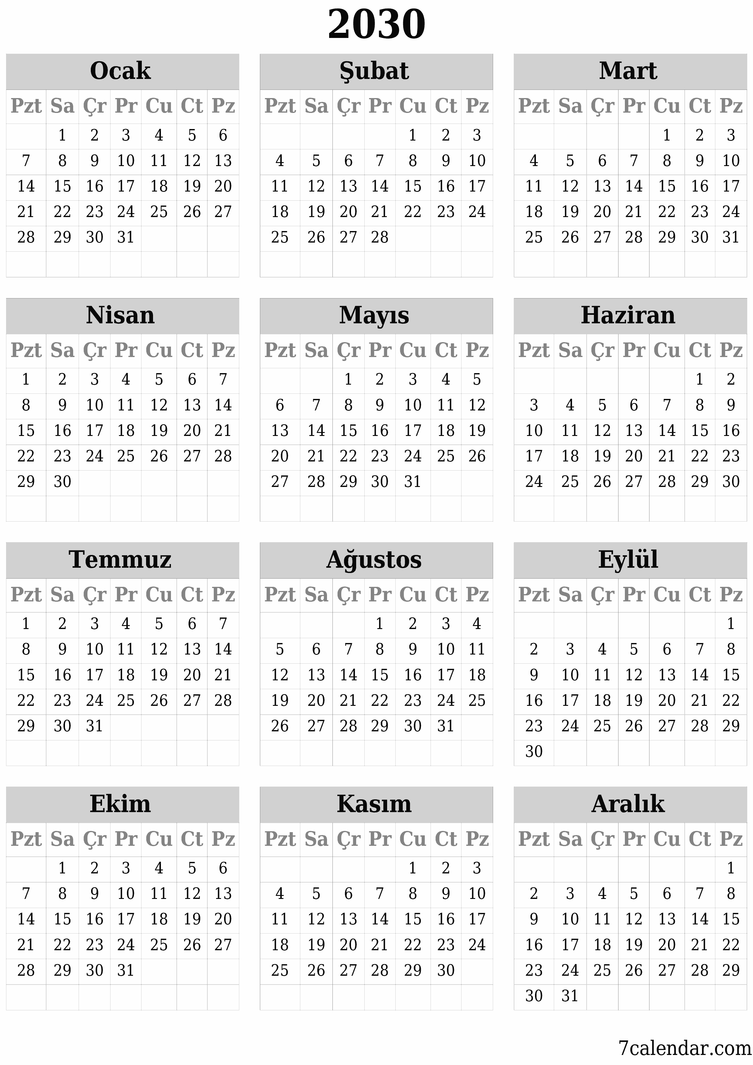 Notlarla 2030 yıl için yıllık planlayıcı takvimini boşaltın, kaydedin ve PDF olarak yazdırın PNG Turkish