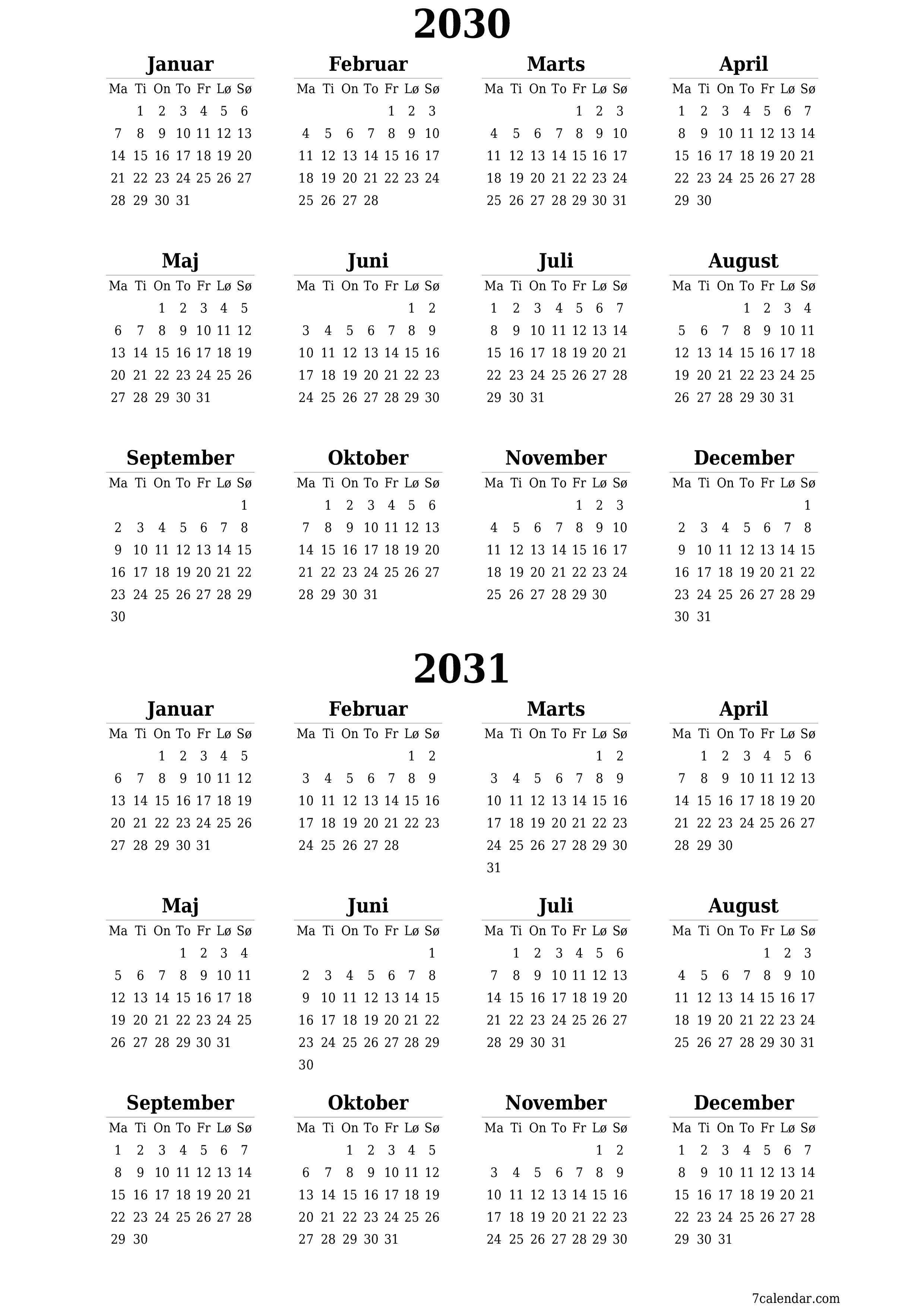 udskrivbar væg skabelon gratis lodret Årligt kalender Juni (Jun) 2030