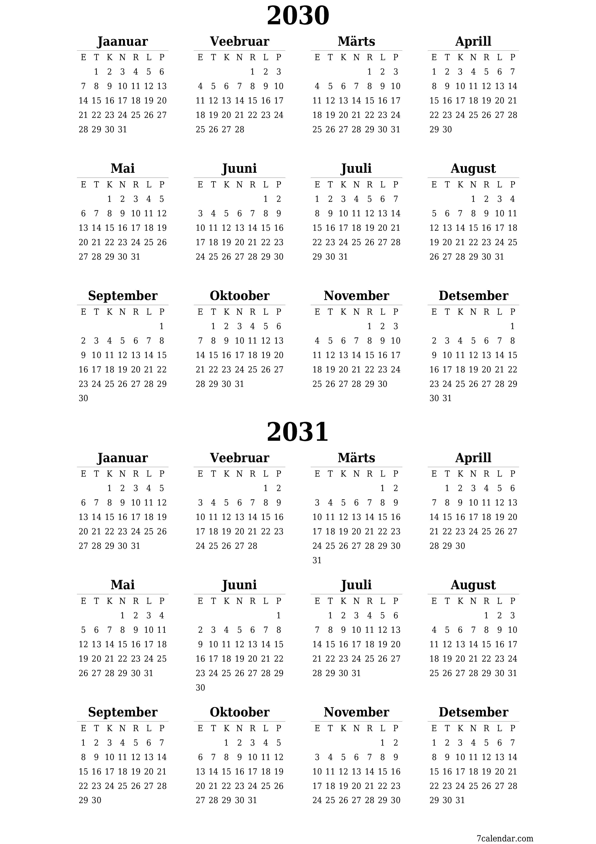 prinditav seina kalendri mall tasuta vertikaalne Iga-aastane kalender Juuni (Juuni) 2030