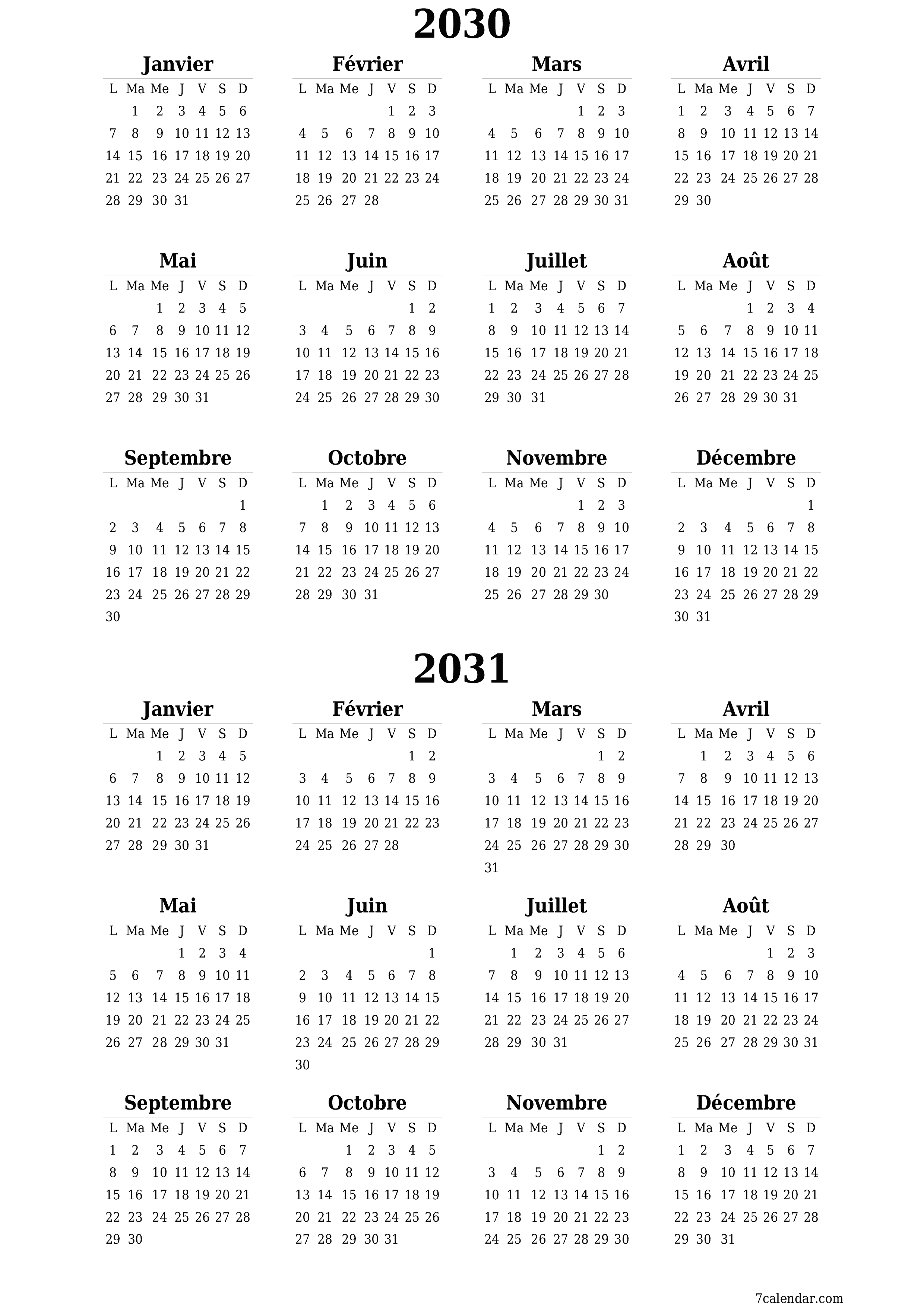 Calendrier annuel vide pour l'année 2030, 2031 avec notes, enregistrer et imprimer au format PDF PNG French