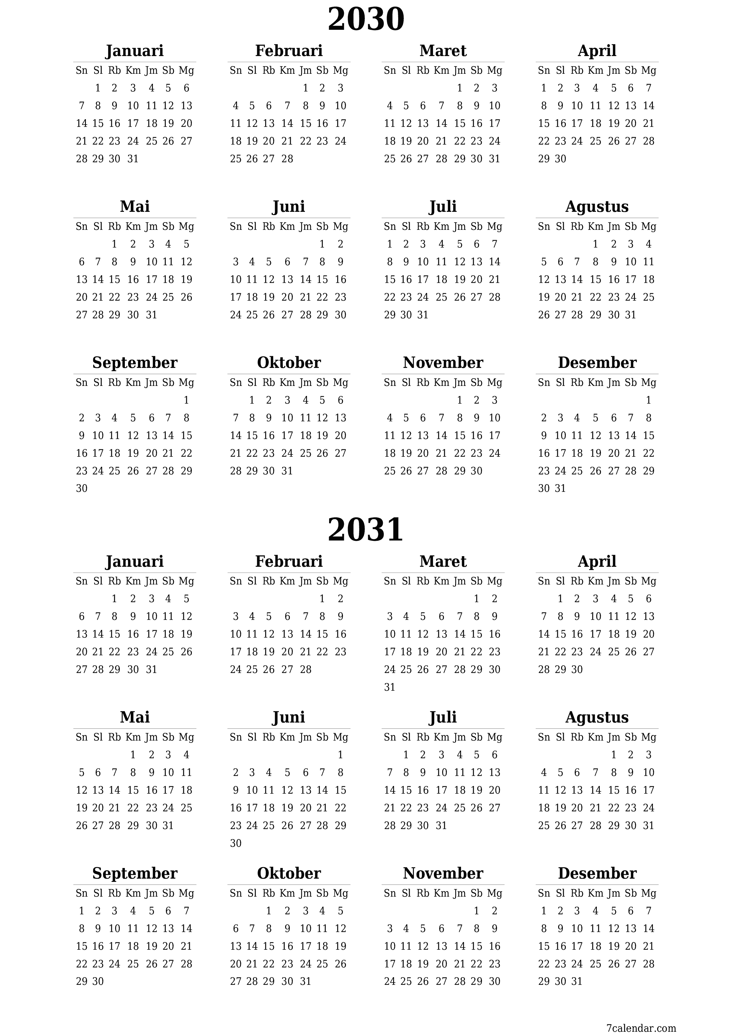 Kosongkan kalender perencana tahunan untuk tahun ini 2030, 2031 dengan catatan, simpan dan cetak ke PDF PNG Indonesian