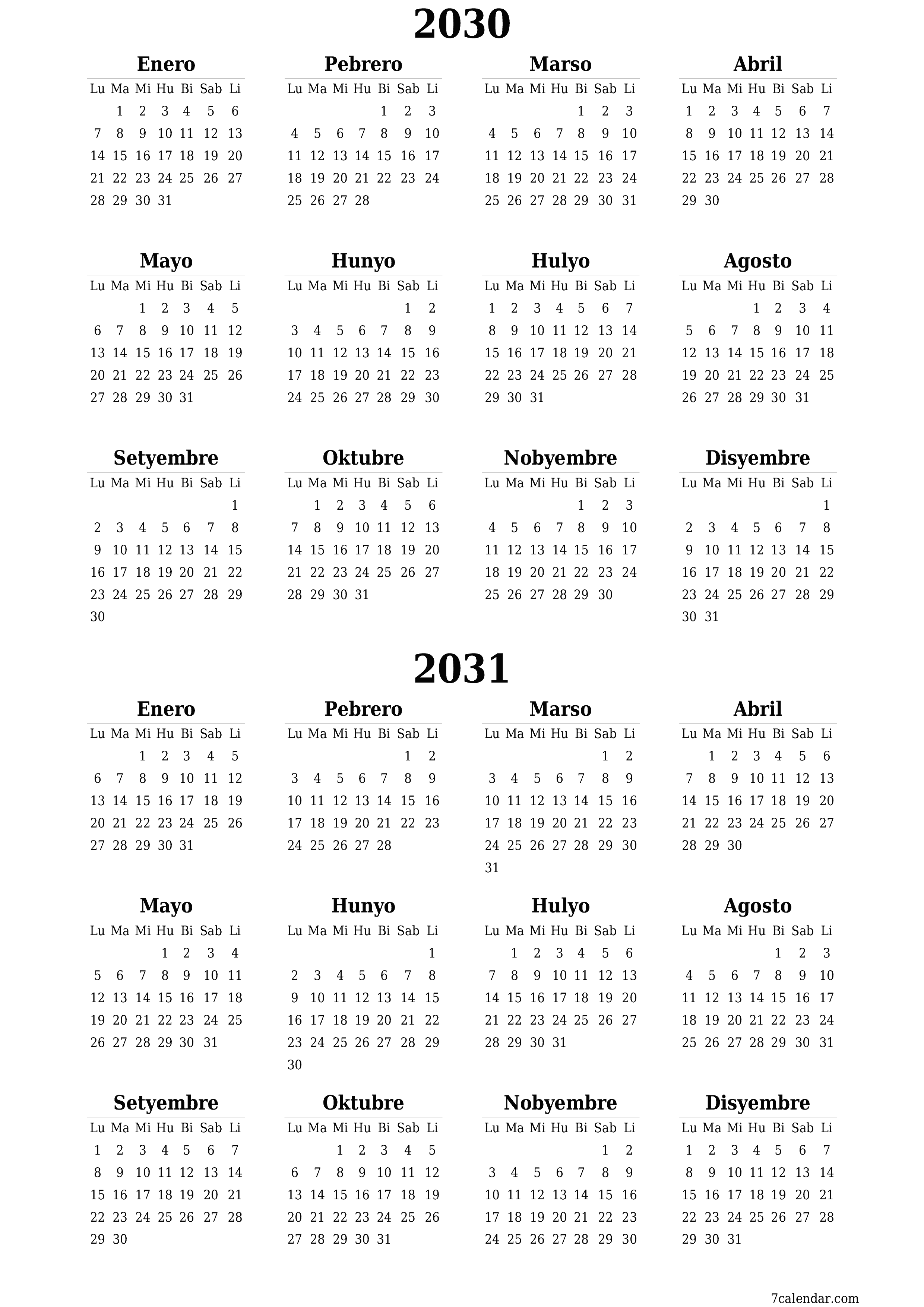 napi-print na sa dingding template ng libreng patayo Taunan kalendaryo Hunyo (Hun) 2030