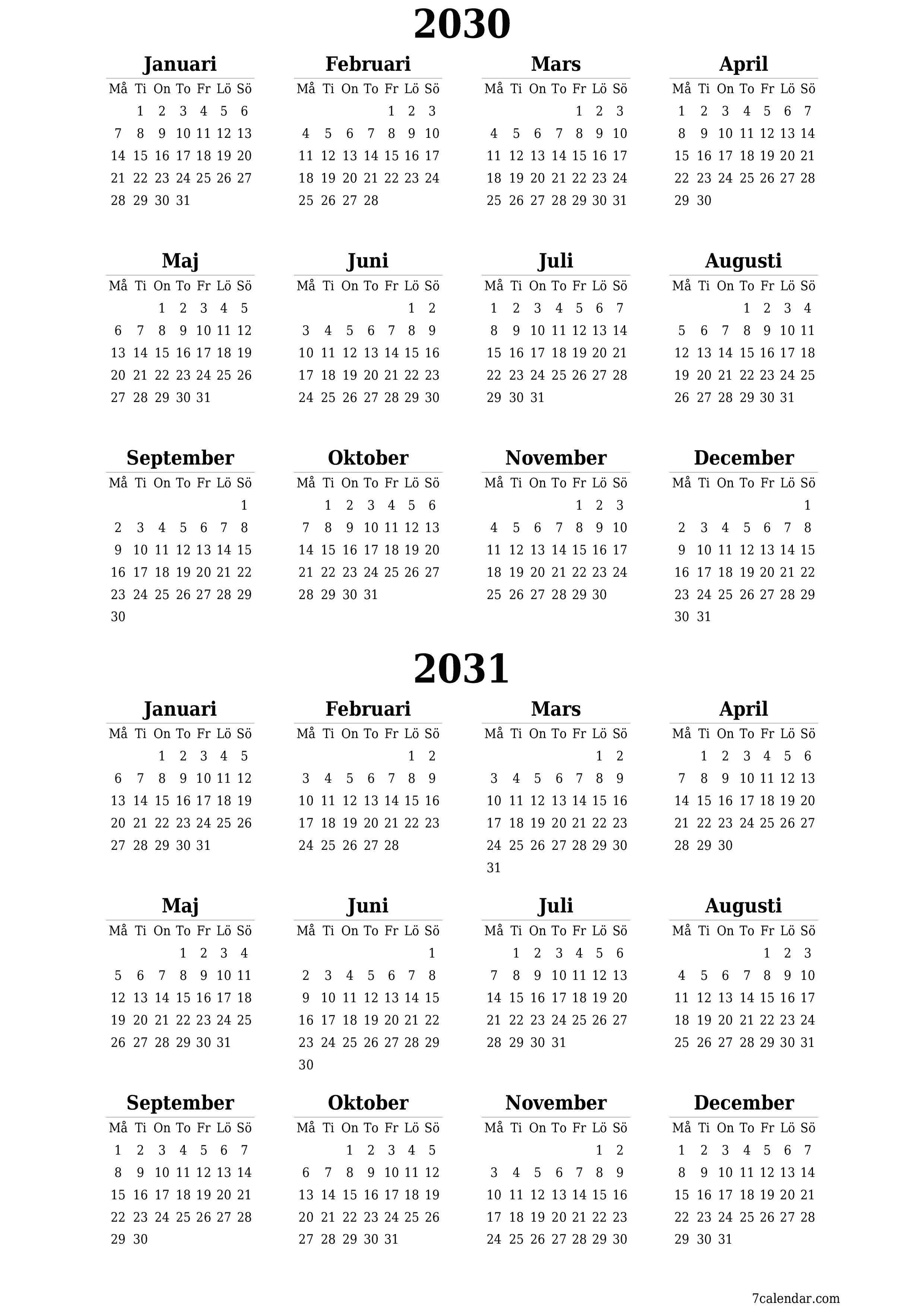 utskrivbar vägg mall gratis vertikal Årlig kalender Juni (Jun) 2030