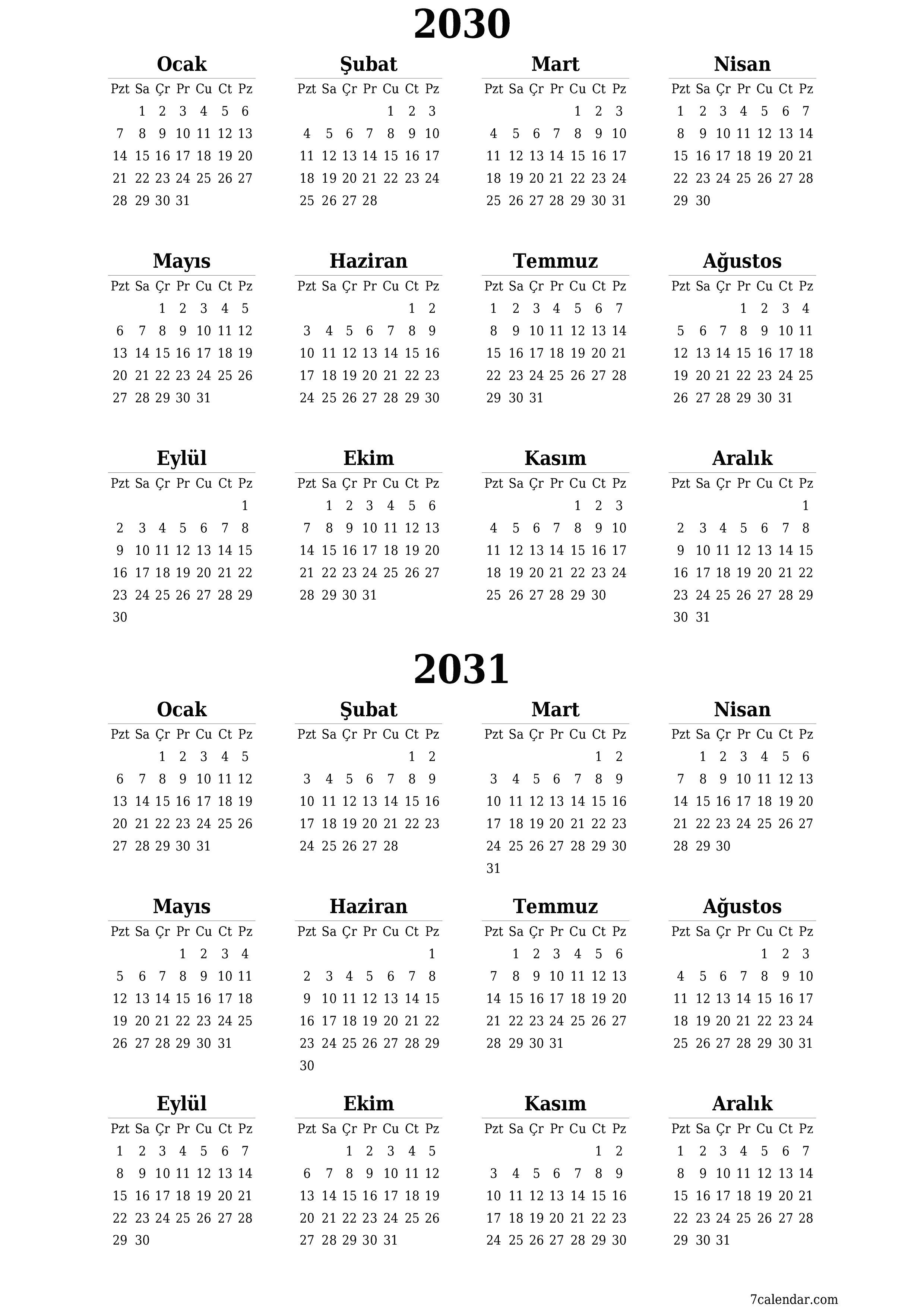 Notlarla 2030, 2031 yıl için yıllık planlayıcı takvimini boşaltın, kaydedin ve PDF olarak yazdırın PNG Turkish