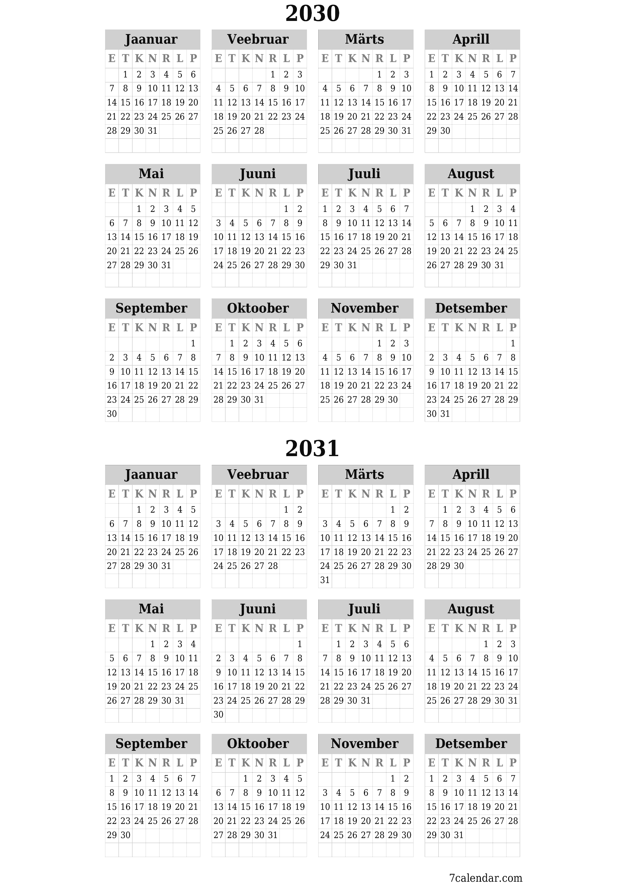 prinditav seina kalendri mall tasuta vertikaalne Iga-aastane kalender Juuni (Juuni) 2030