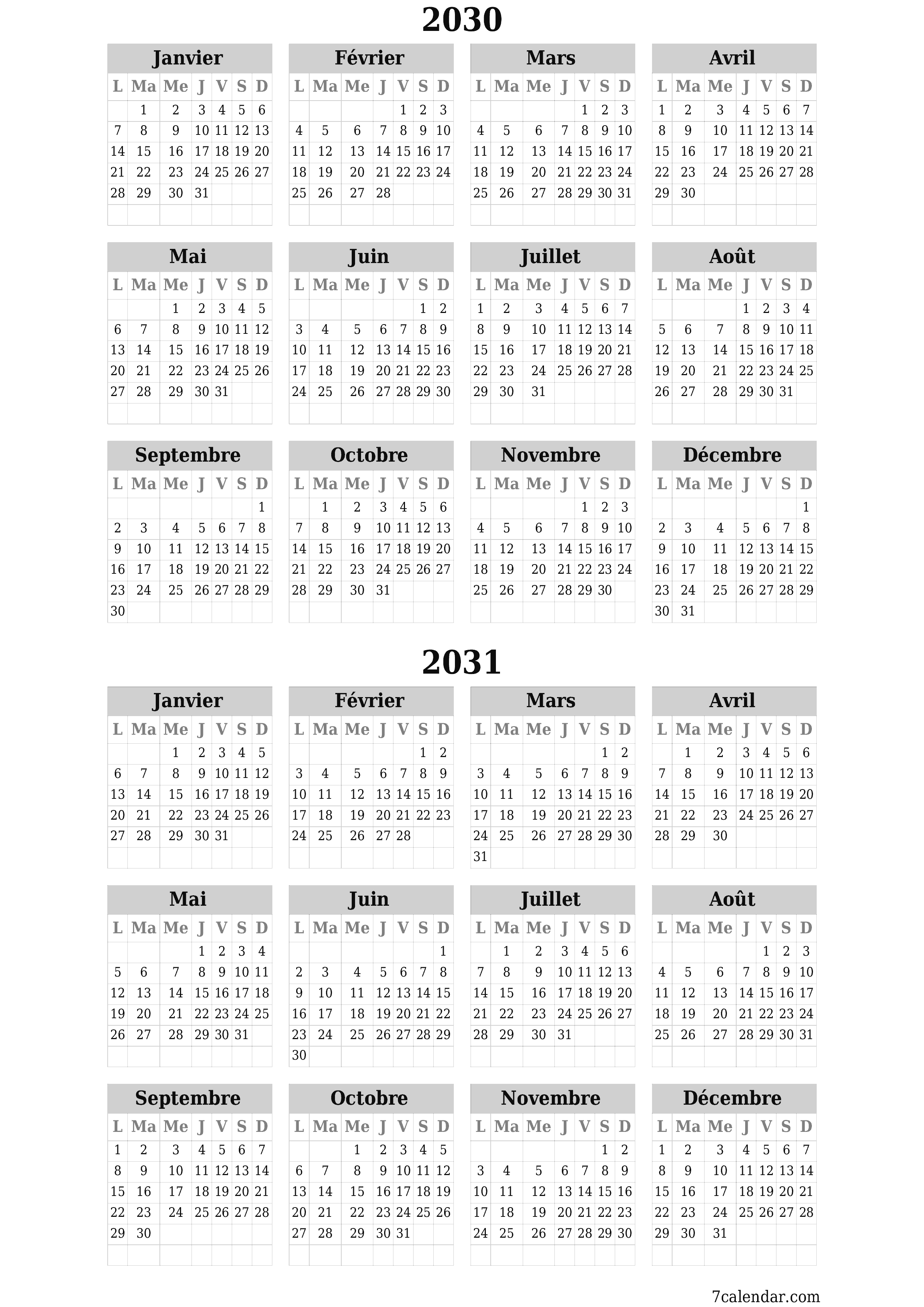 Calendrier annuel vide pour l'année 2030, 2031 avec notes, enregistrer et imprimer au format PDF PNG French