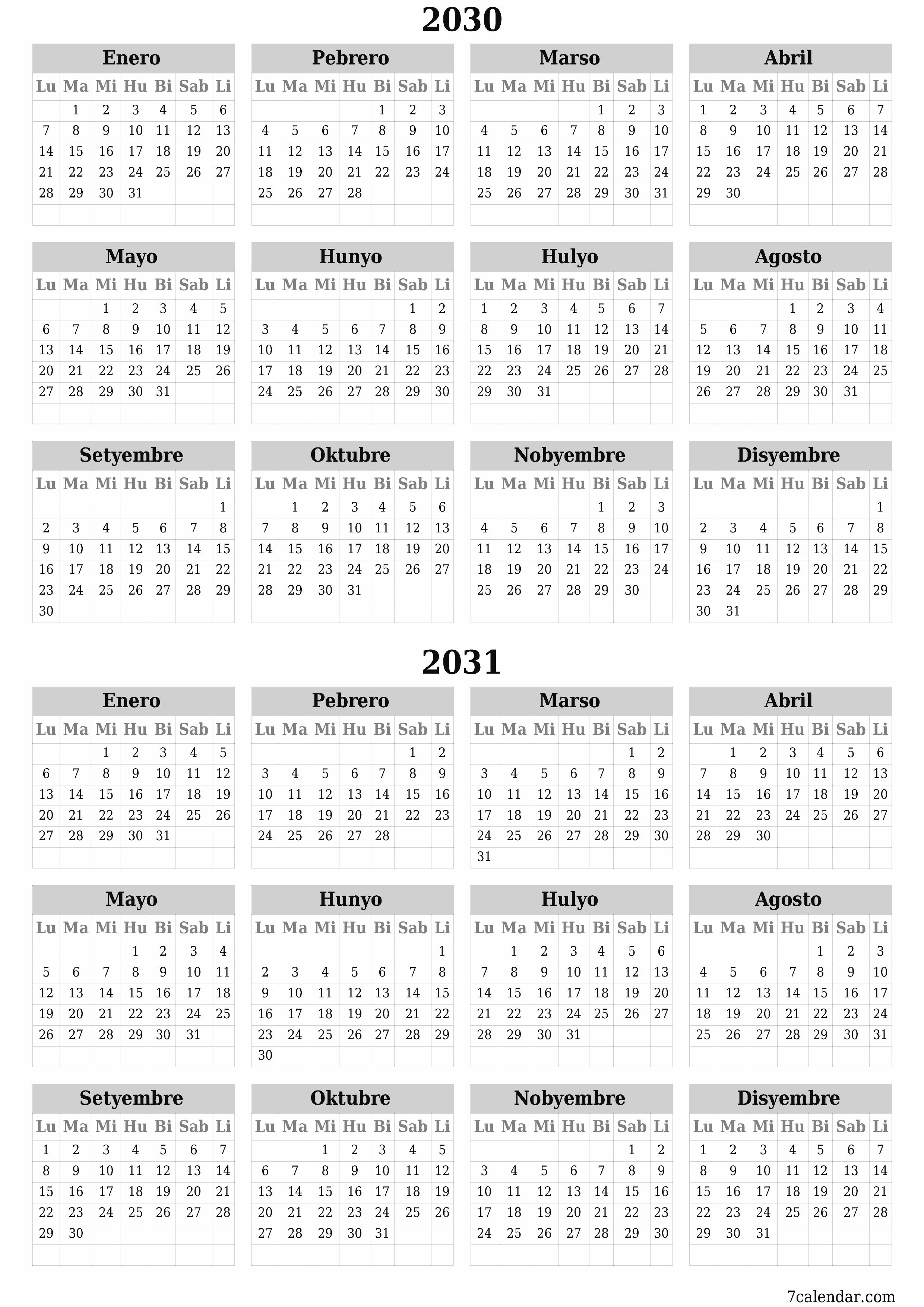 napi-print na sa dingding template ng libreng patayo Taunan kalendaryo Hunyo (Hun) 2030