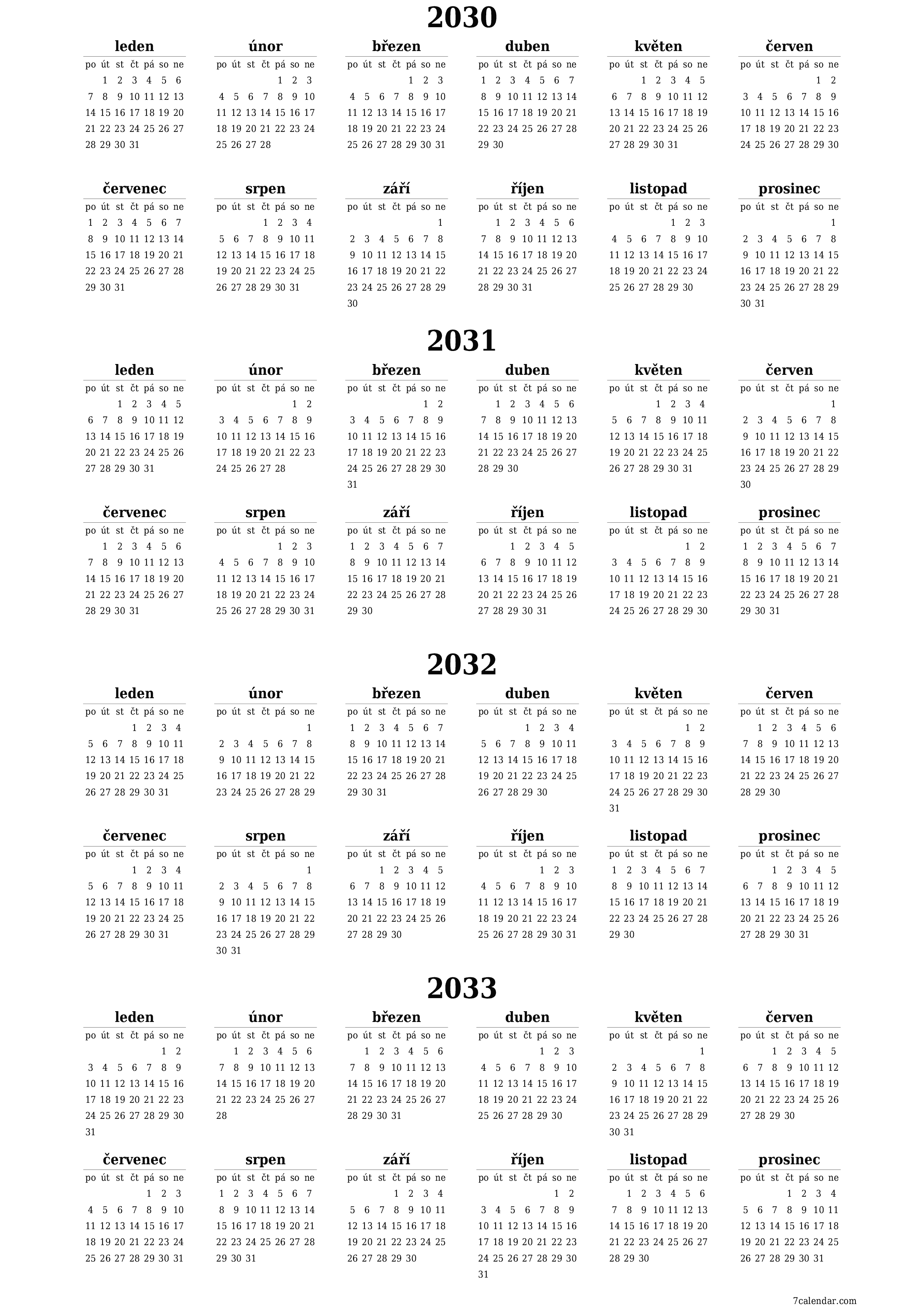 Prázdný roční kalendář plánovače pro rok 2030, 2031, 2032, 2033 s poznámkami, uložením a tiskem do PDF PNG Czech