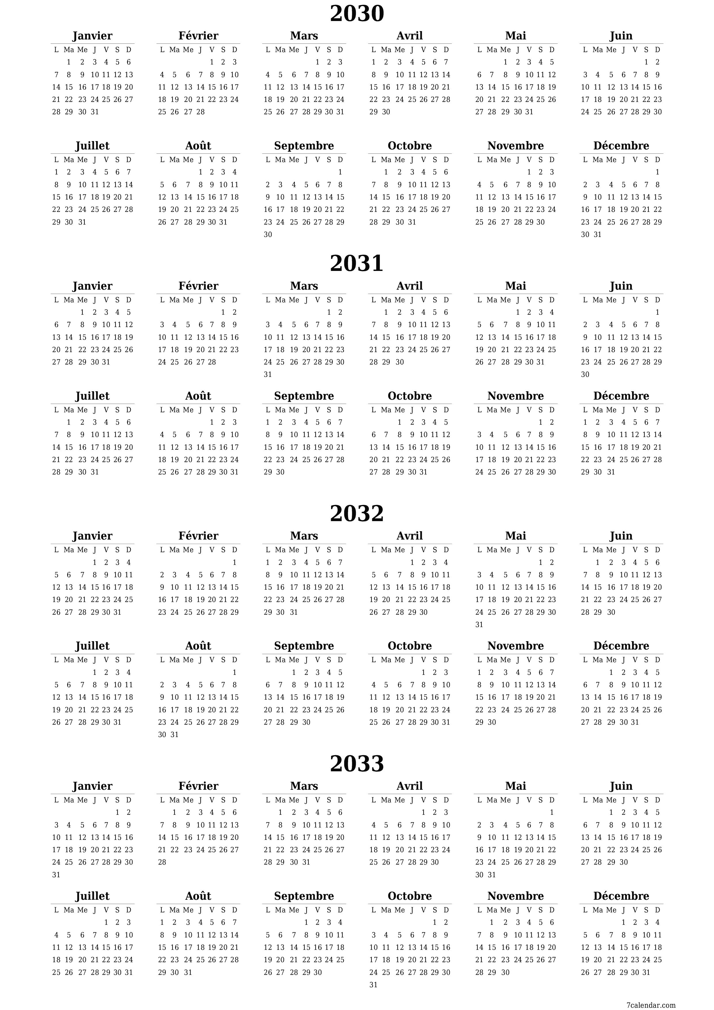 Calendrier annuel vide pour l'année 2030, 2031, 2032, 2033 avec notes, enregistrer et imprimer au format PDF PNG French