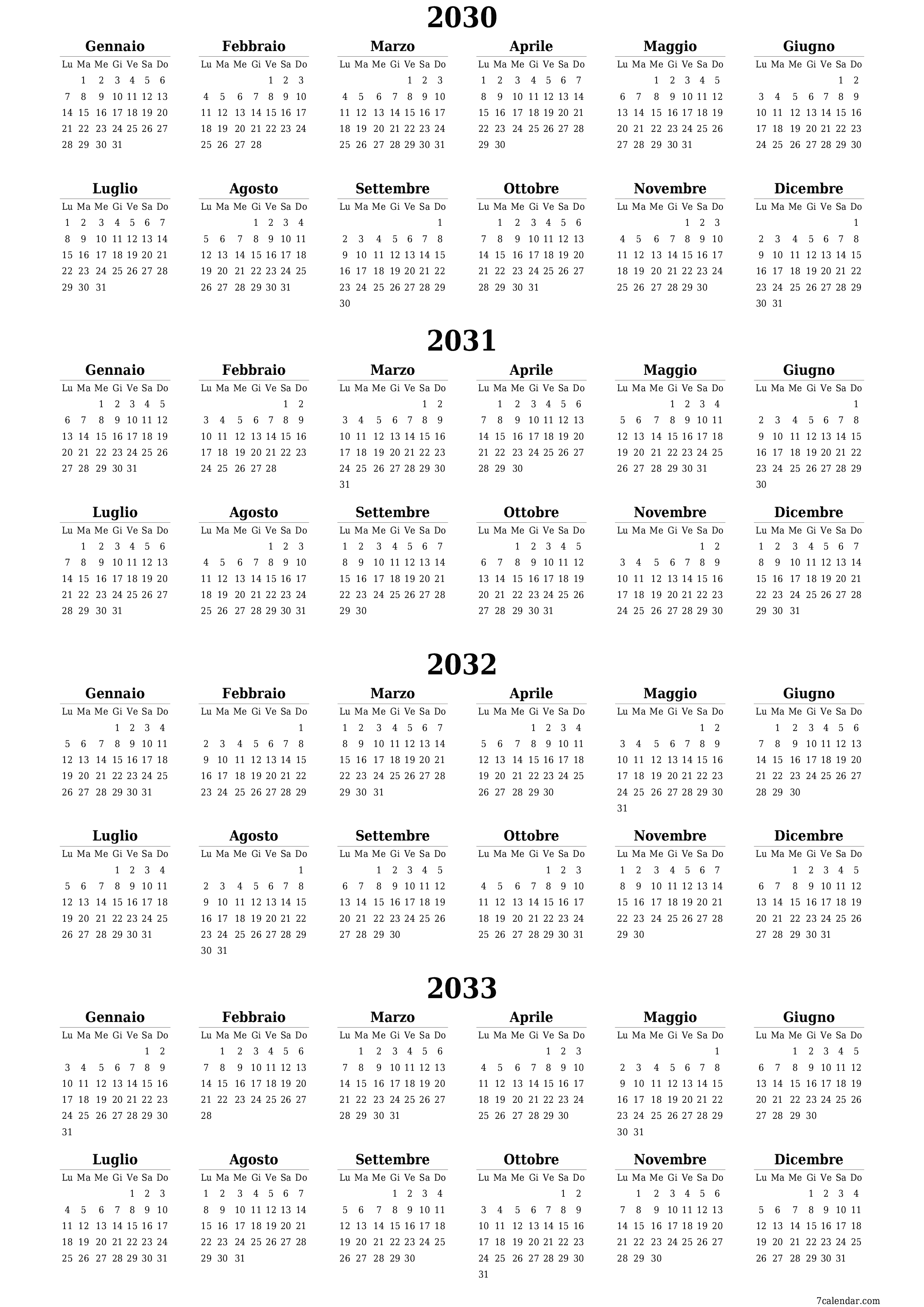 Calendario pianificatore annuale vuoto per l'anno 2030, 2031, 2032, 2033 con note, salva e stampa in PDF PNG Italian