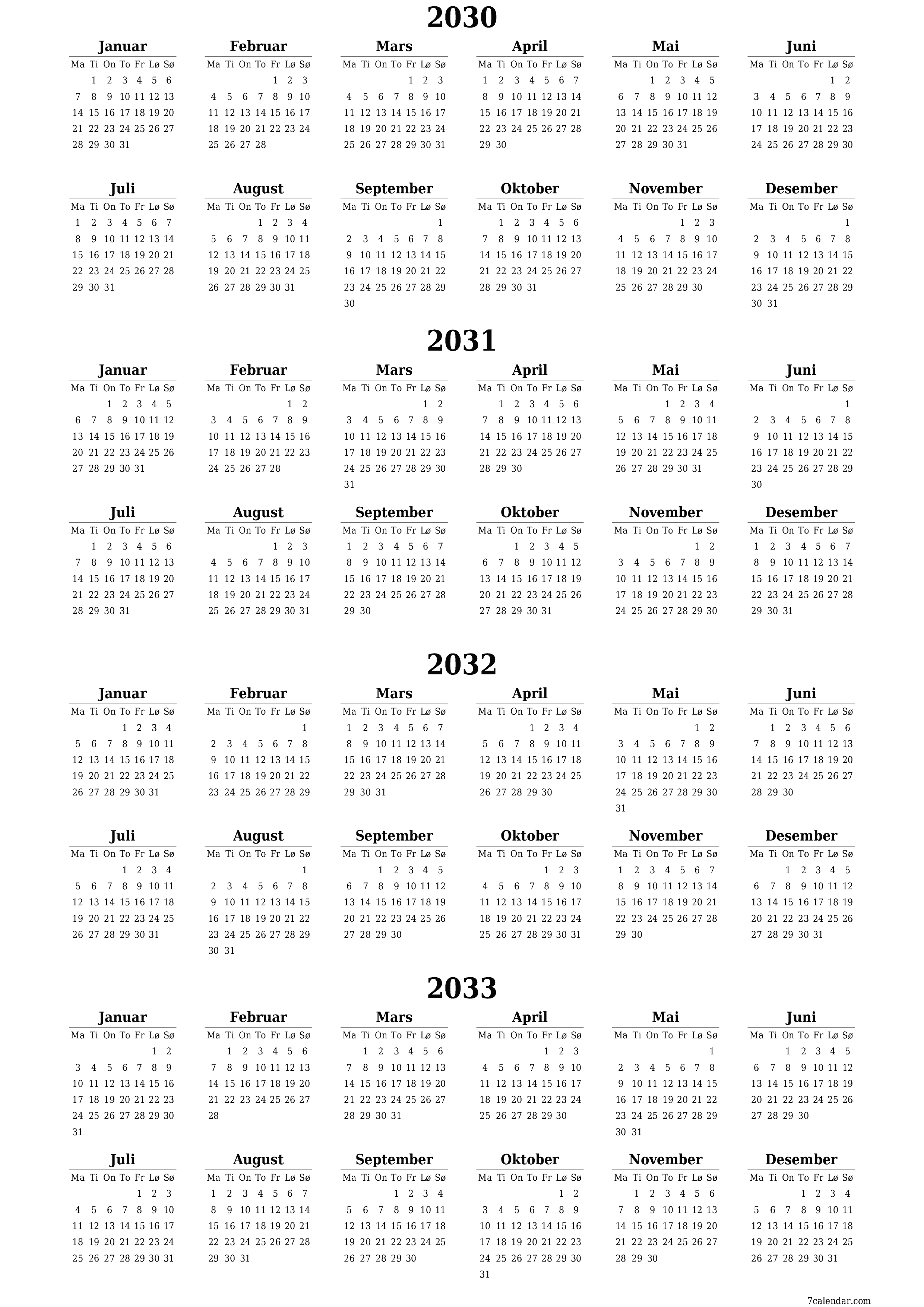 Tom årlig planleggerkalender for året 2030, 2031, 2032, 2033 med notater, lagre og skrive ut i PDF PNG Norwegian