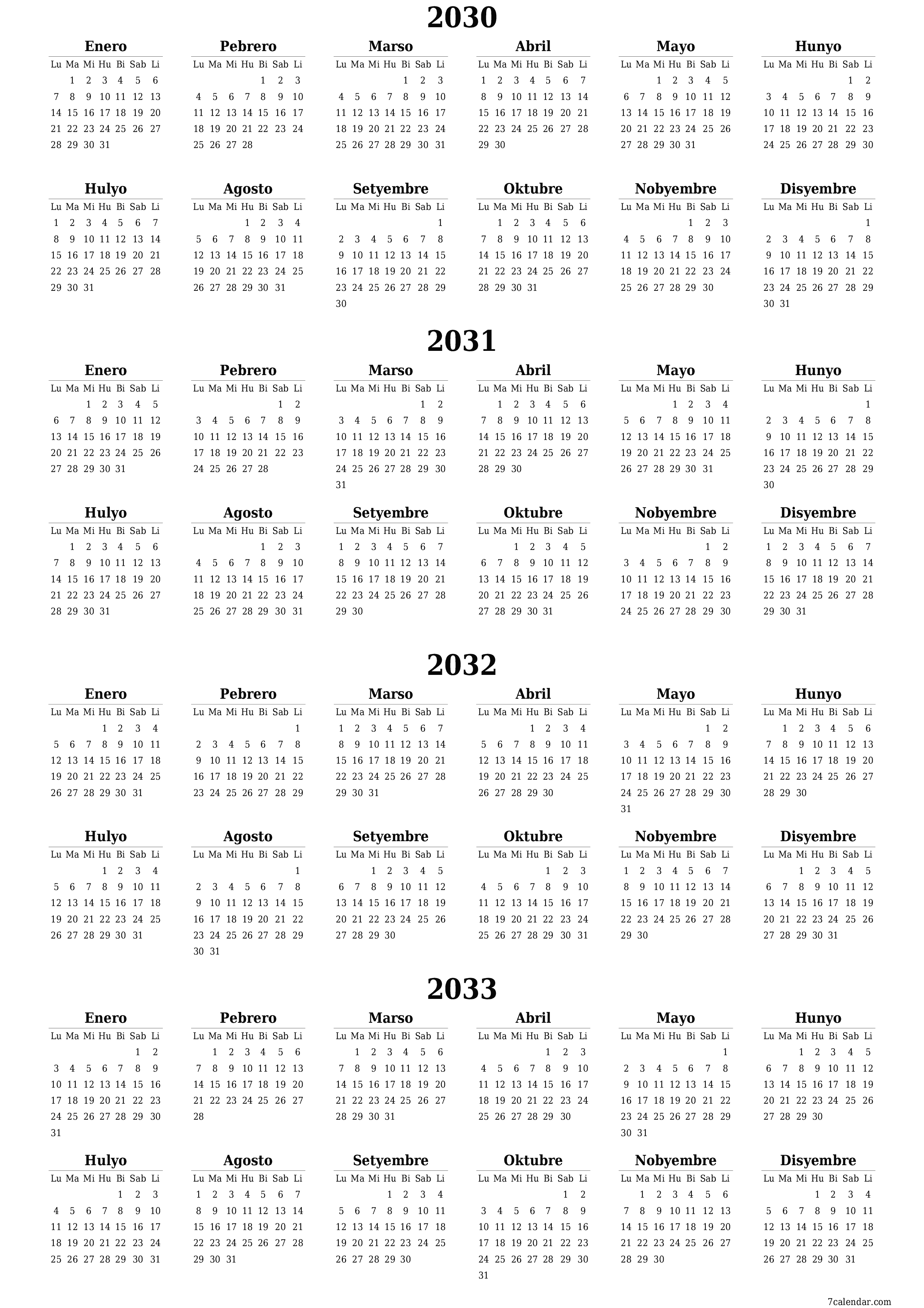 napi-print na sa dingding template ng libreng patayo Taunan kalendaryo Hunyo (Hun) 2030
