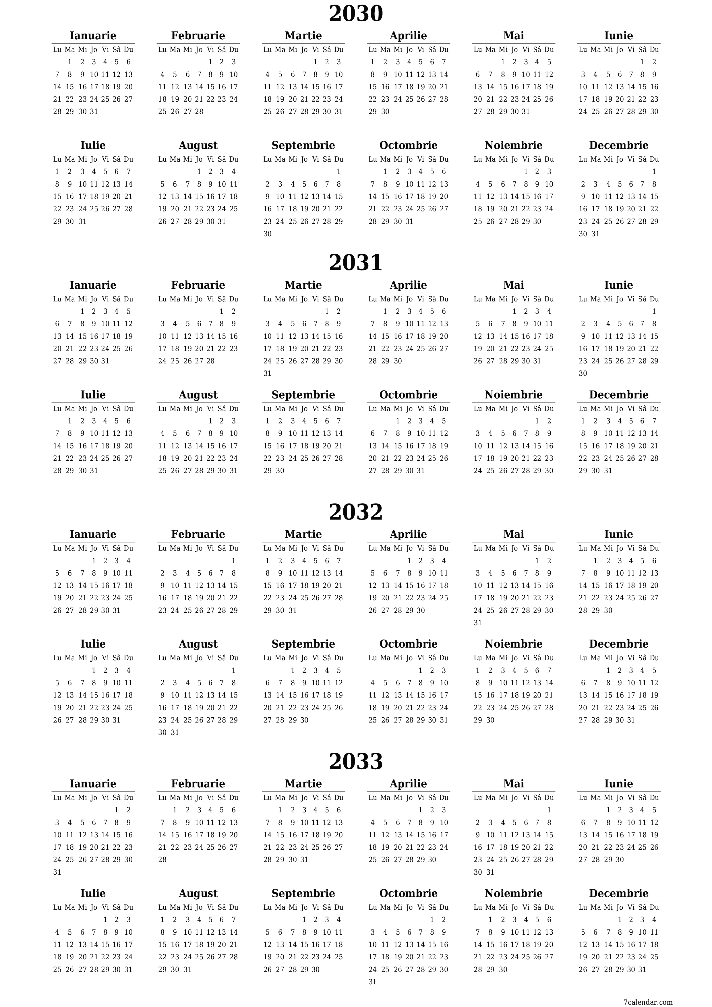 Goliți calendarul anual al planificatorului pentru anul 2030, 2031, 2032, 2033 cu note, salvați și tipăriți în PDF PNG Romanian