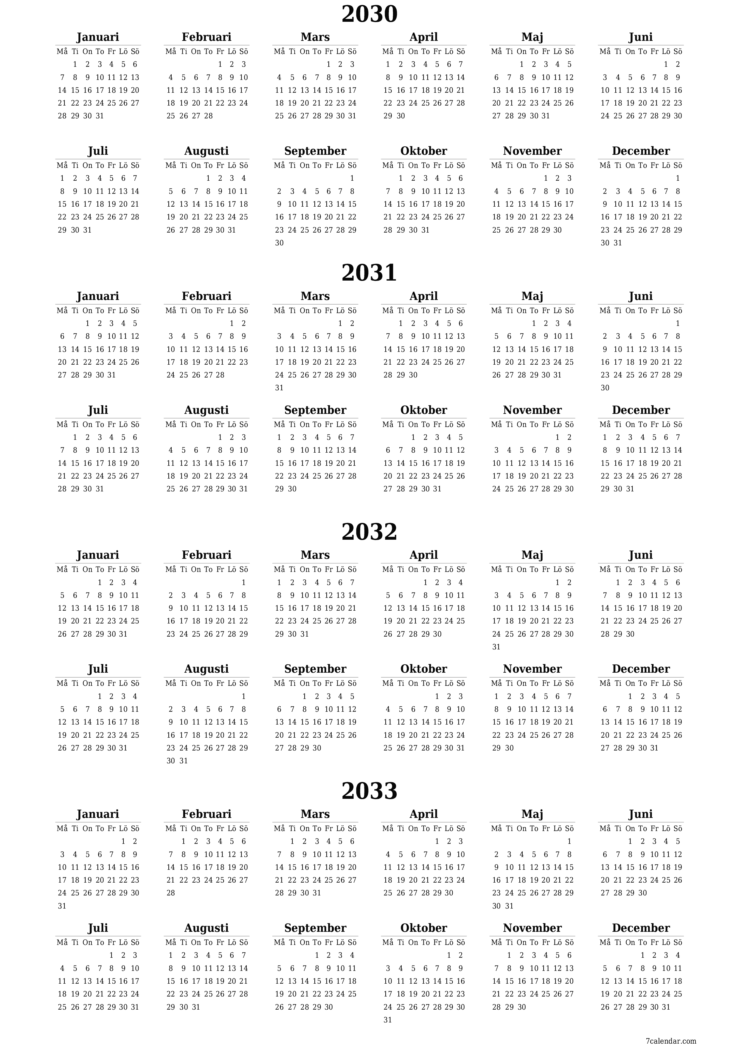 utskrivbar vägg mall gratis vertikal Årlig kalender Juni (Jun) 2030