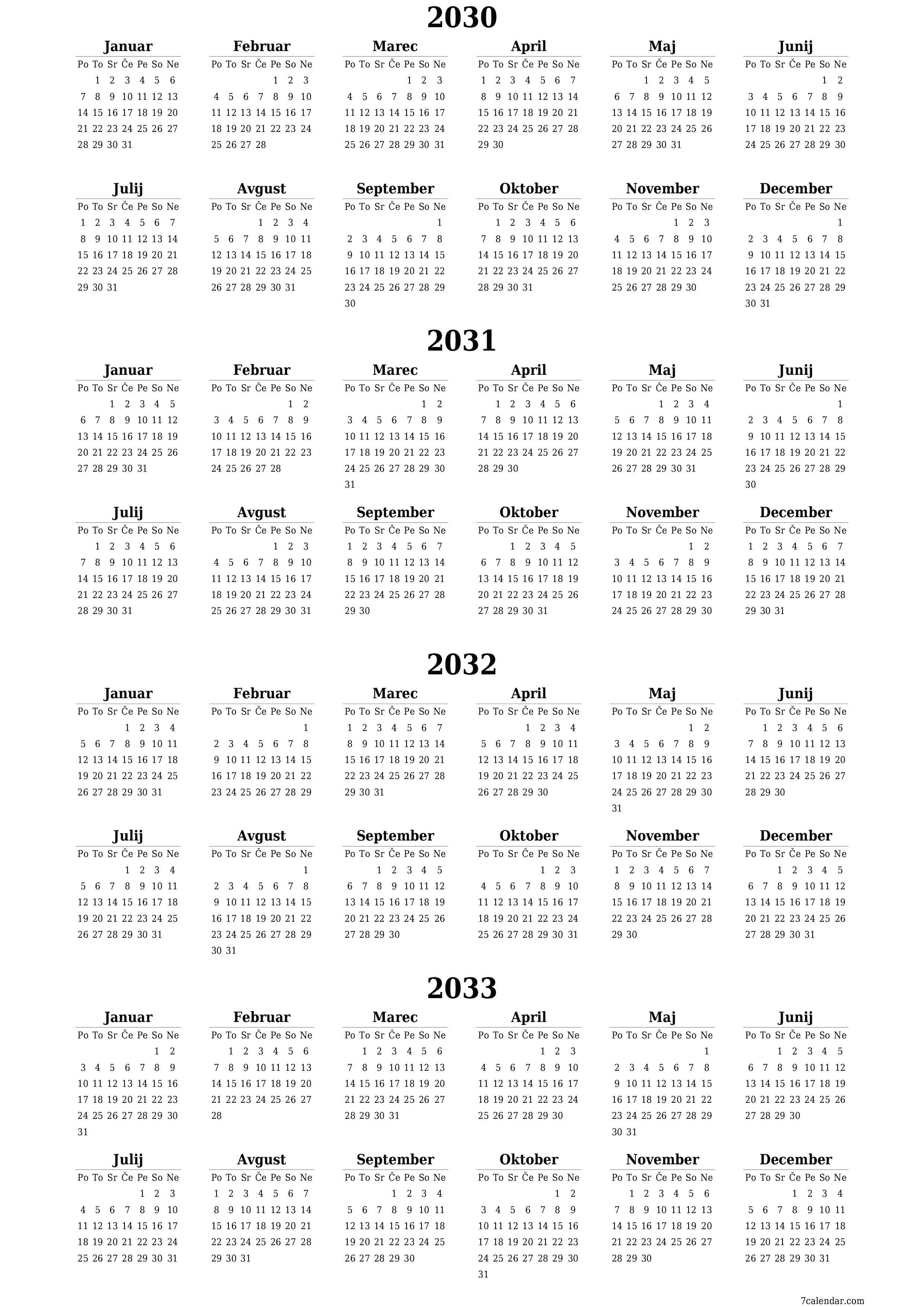 Prazen letni načrtovalec koledarja za leto 2030, 2031, 2032, 2033 z opombami za tiskanje v PDF-ju PNG Slovenian