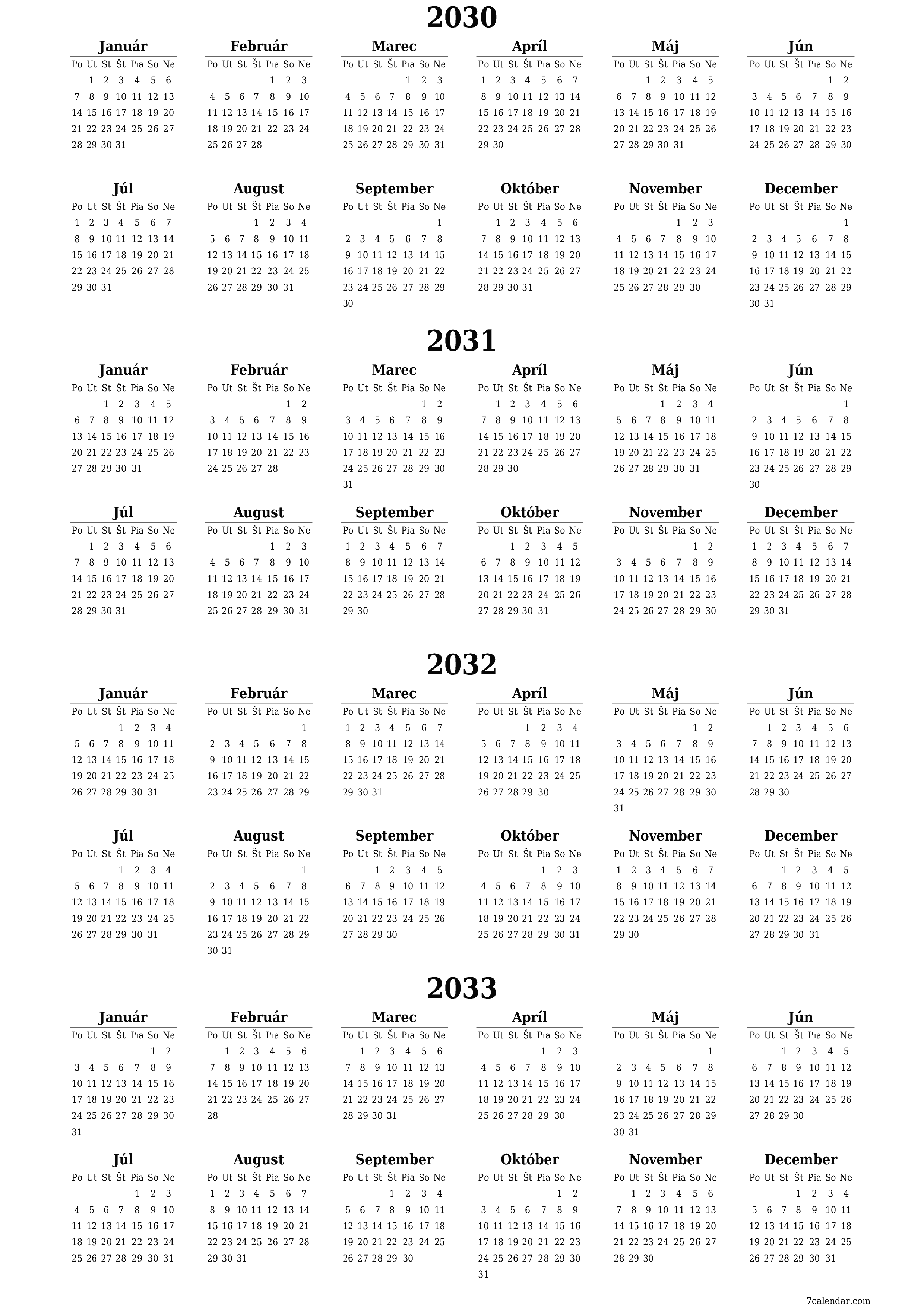 Prázdny ročný kalendár plánovača na rok 2030, 2031, 2032, 2033 s poznámkami, uložením a tlačou do formátu PDF PNG Slovak