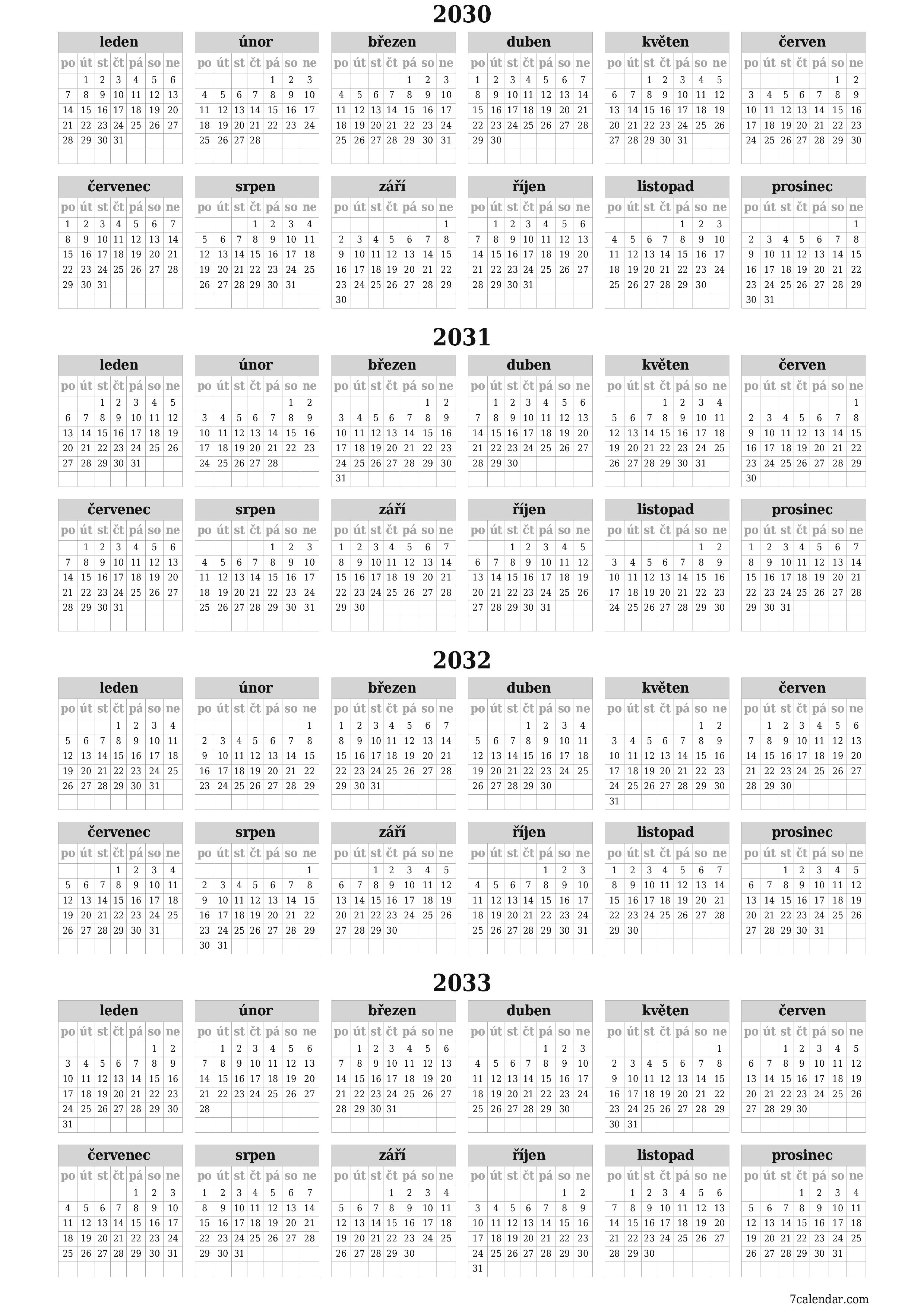 Prázdný roční kalendář plánovače pro rok 2030, 2031, 2032, 2033 s poznámkami, uložením a tiskem do PDF PNG Czech