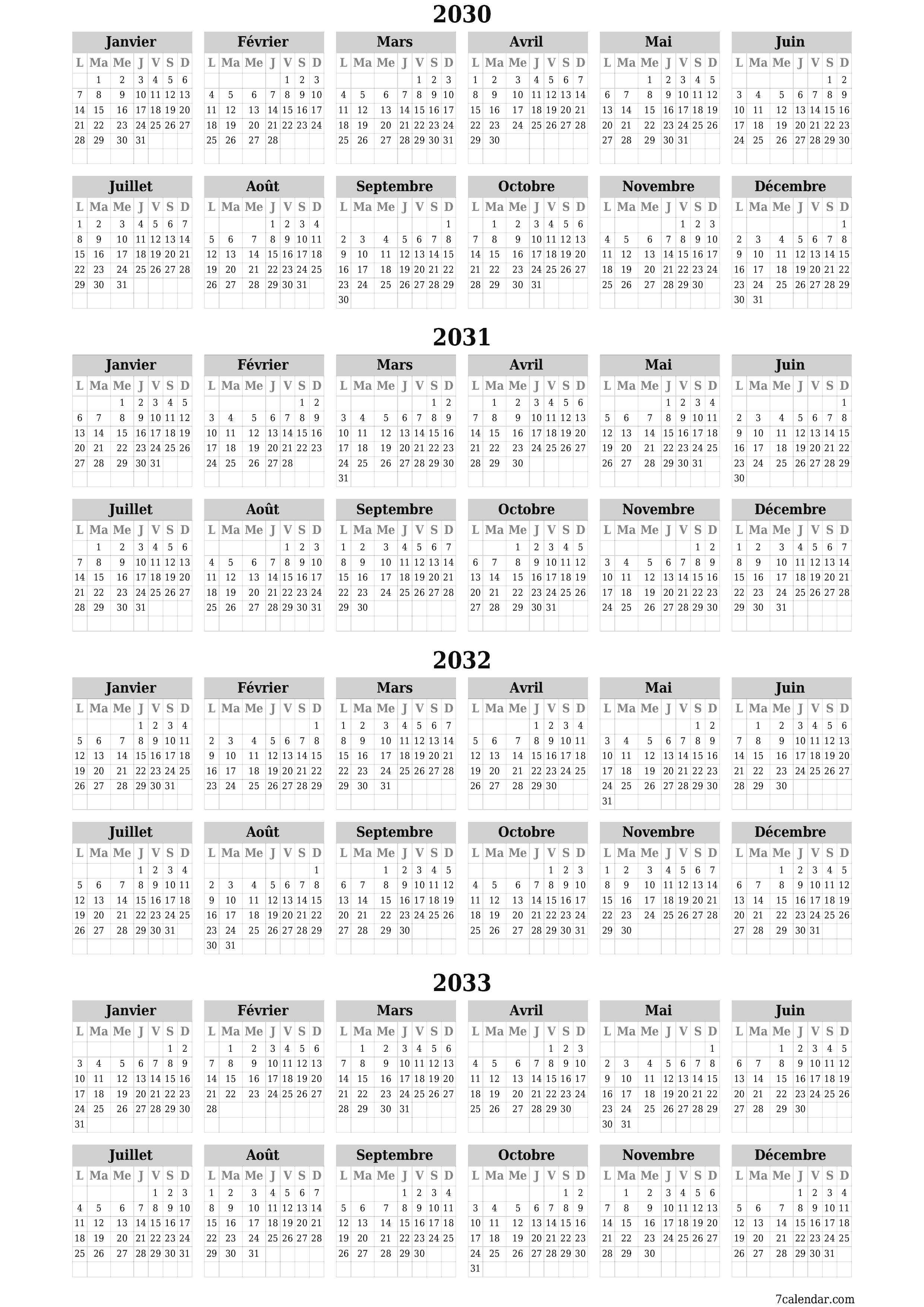 Calendrier annuel vide pour l'année 2030, 2031, 2032, 2033 avec notes, enregistrer et imprimer au format PDF PNG French