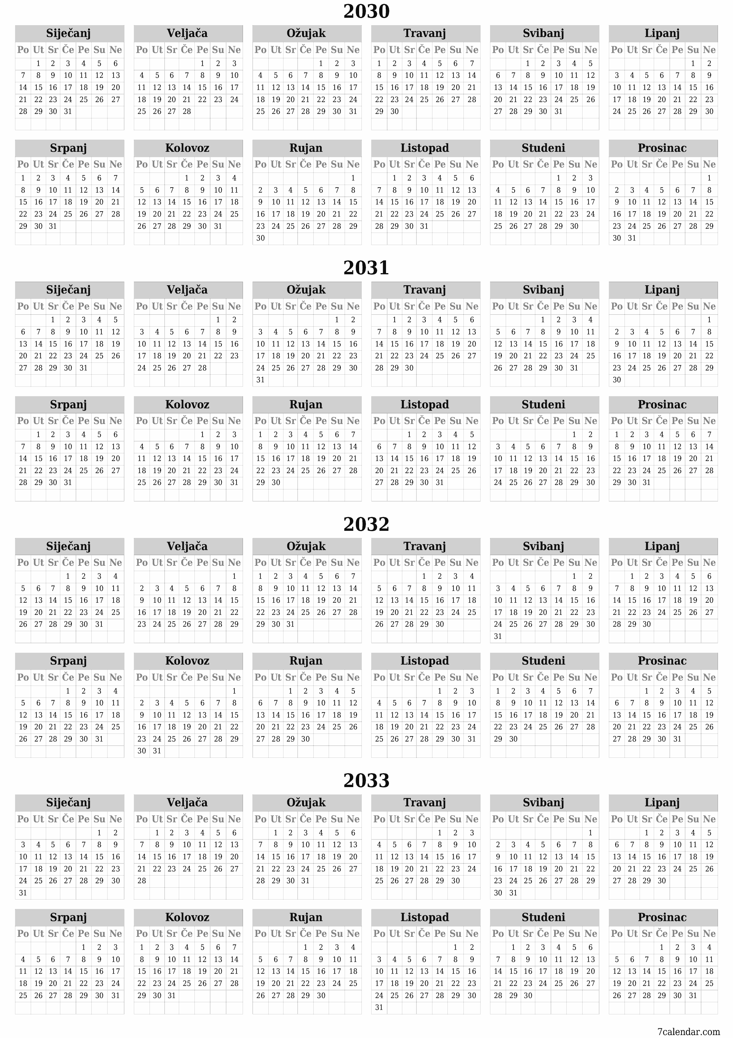 Ispraznite godišnji kalendar planera za godinu 2030, 2031, 2032, 2033 s bilješkama, spremite i ispišite u PDF PNG Croatian