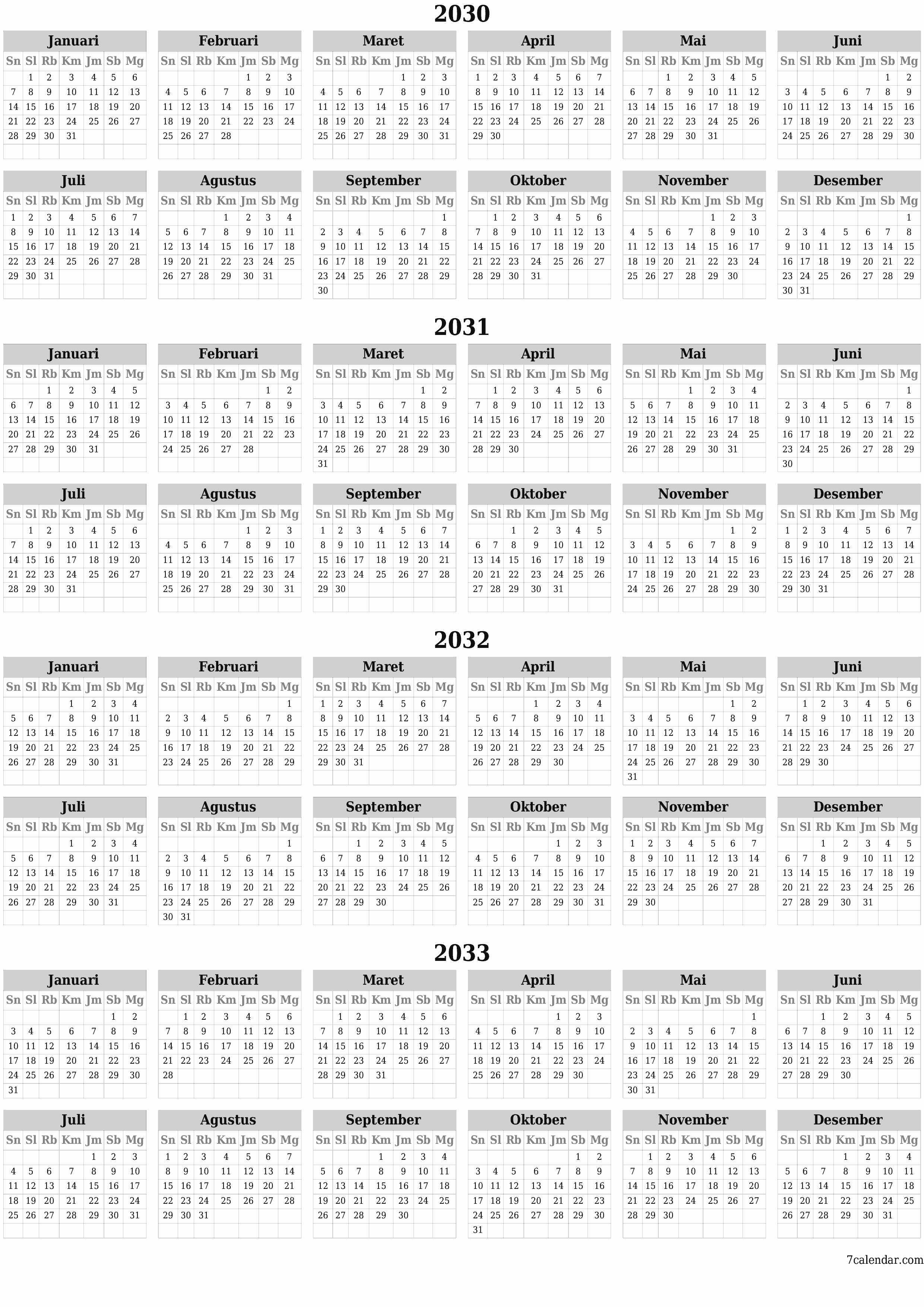 Kosongkan kalender perencana tahunan untuk tahun ini 2030, 2031, 2032, 2033 dengan catatan, simpan dan cetak ke PDF PNG Indonesian