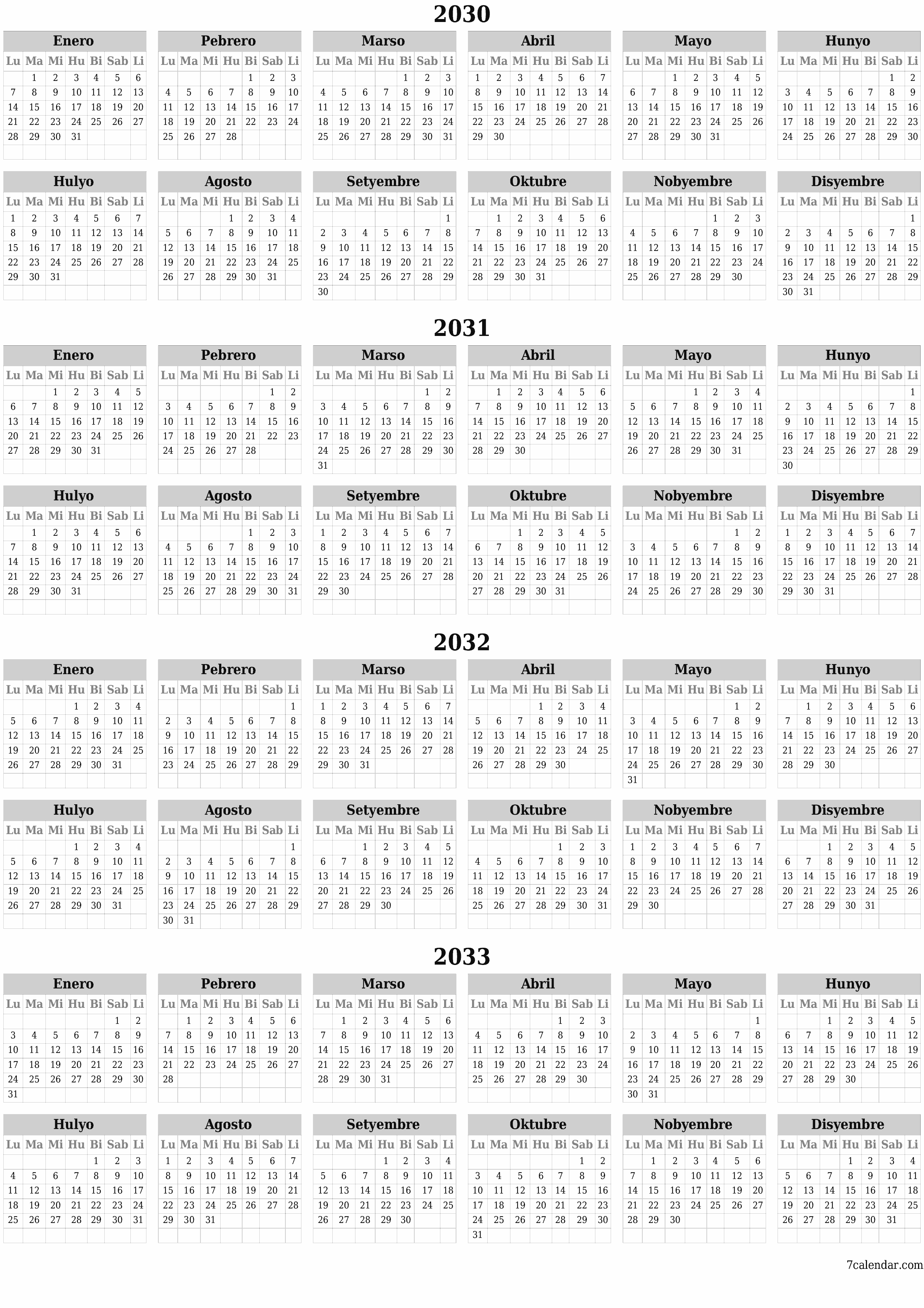 napi-print na sa dingding template ng libreng patayo Taunan kalendaryo Mayo (May) 2030