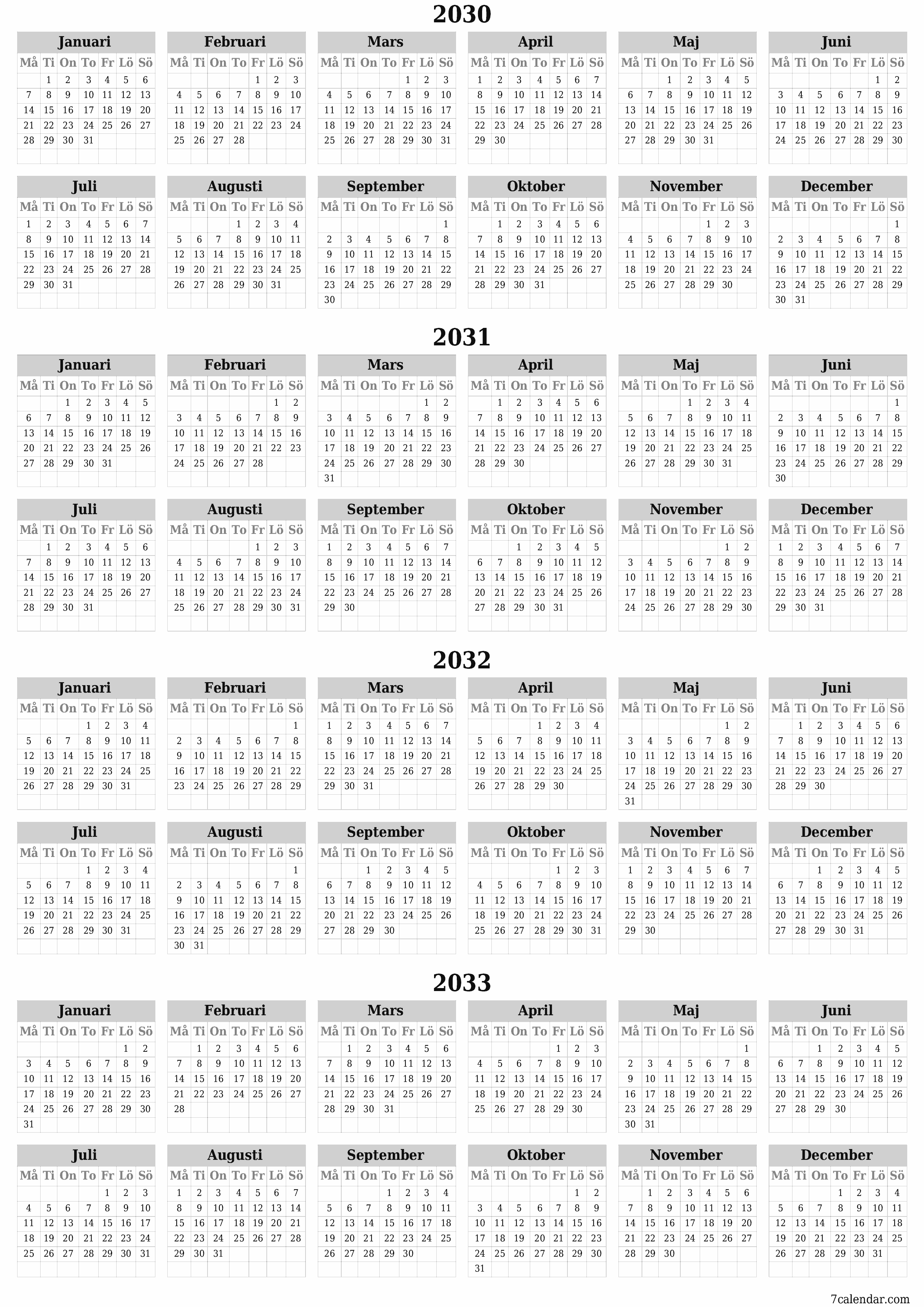 utskrivbar vägg mall gratis vertikal Årlig kalender Juni (Jun) 2030