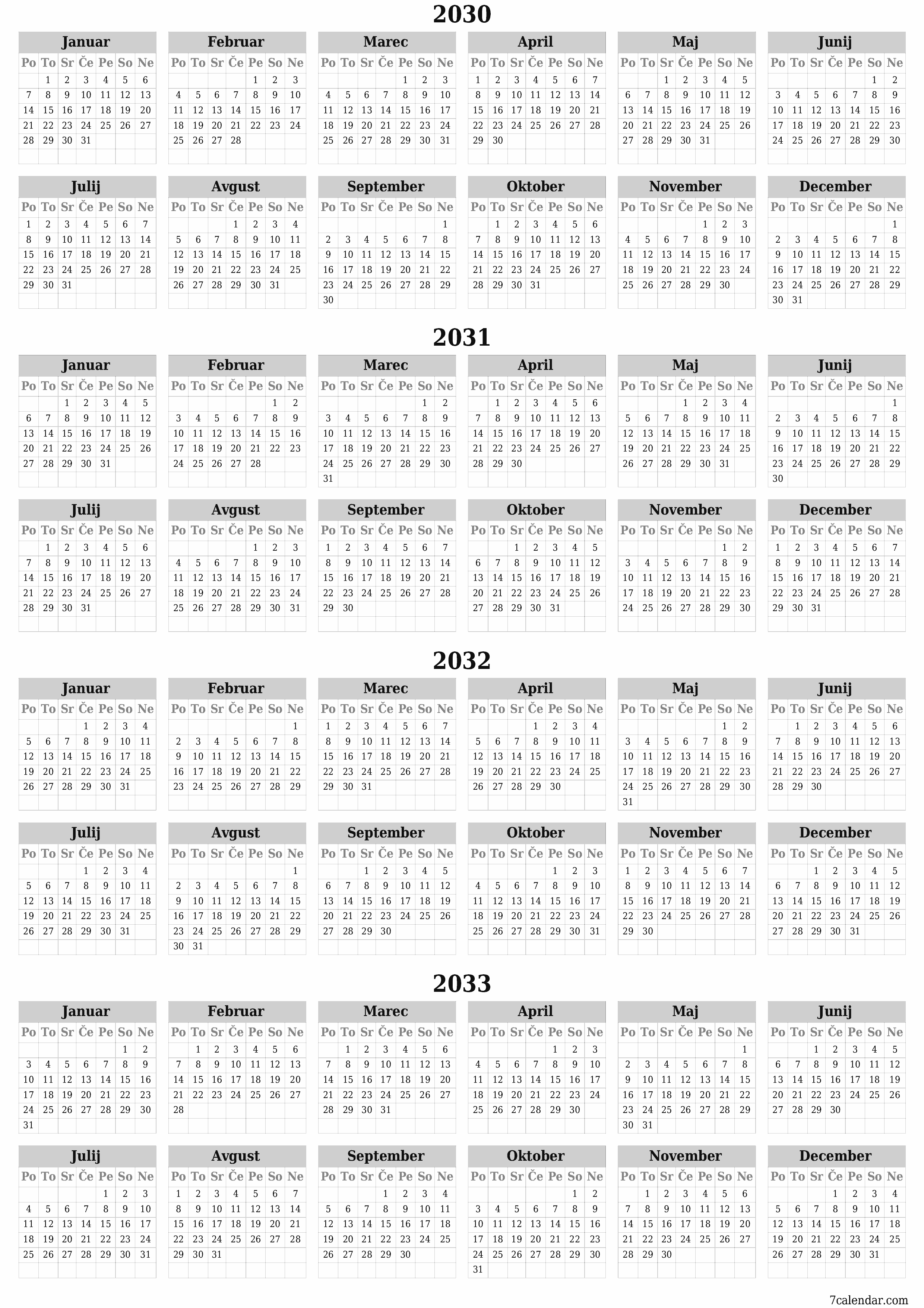 Prazen letni načrtovalec koledarja za leto 2030, 2031, 2032, 2033 z opombami za tiskanje v PDF-ju PNG Slovenian