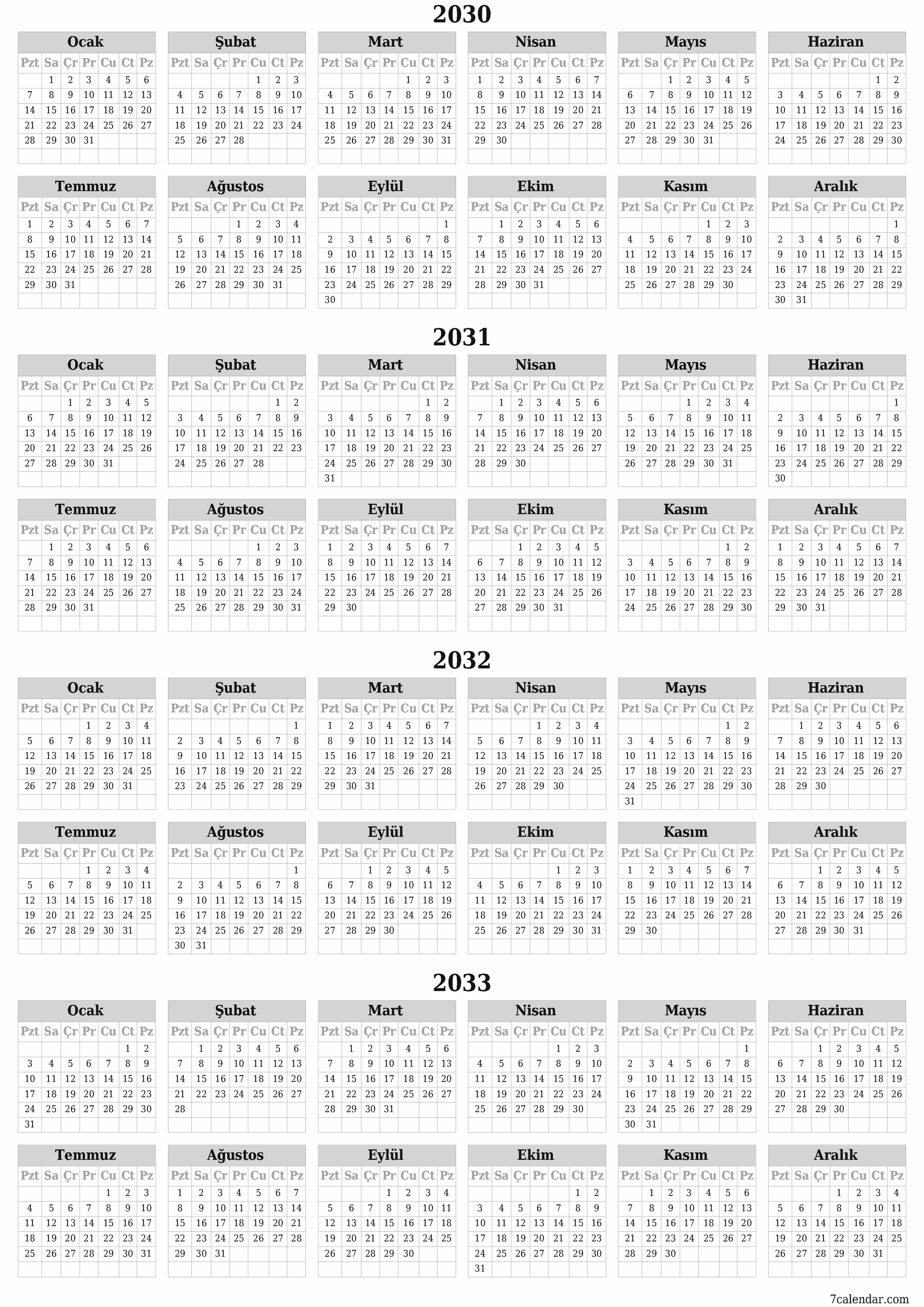 Notlarla 2030, 2031, 2032, 2033 yıl için yıllık planlayıcı takvimini boşaltın, kaydedin ve PDF olarak yazdırın PNG Turkish