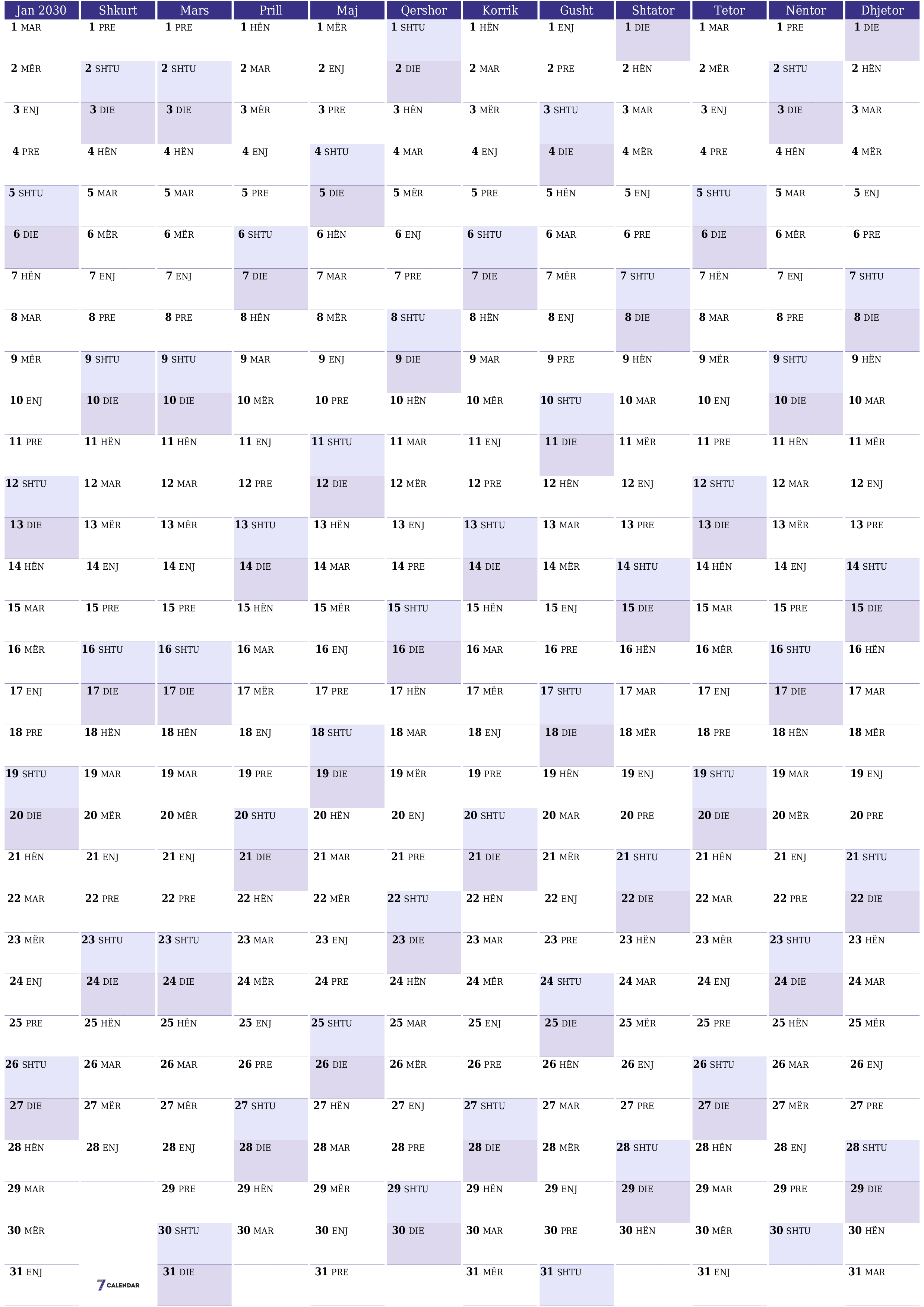 Planifikuesi bosh i kalendarit vjetor për vitin 2030 me shënime, ruani dhe printoni në PDF PNG Albanian