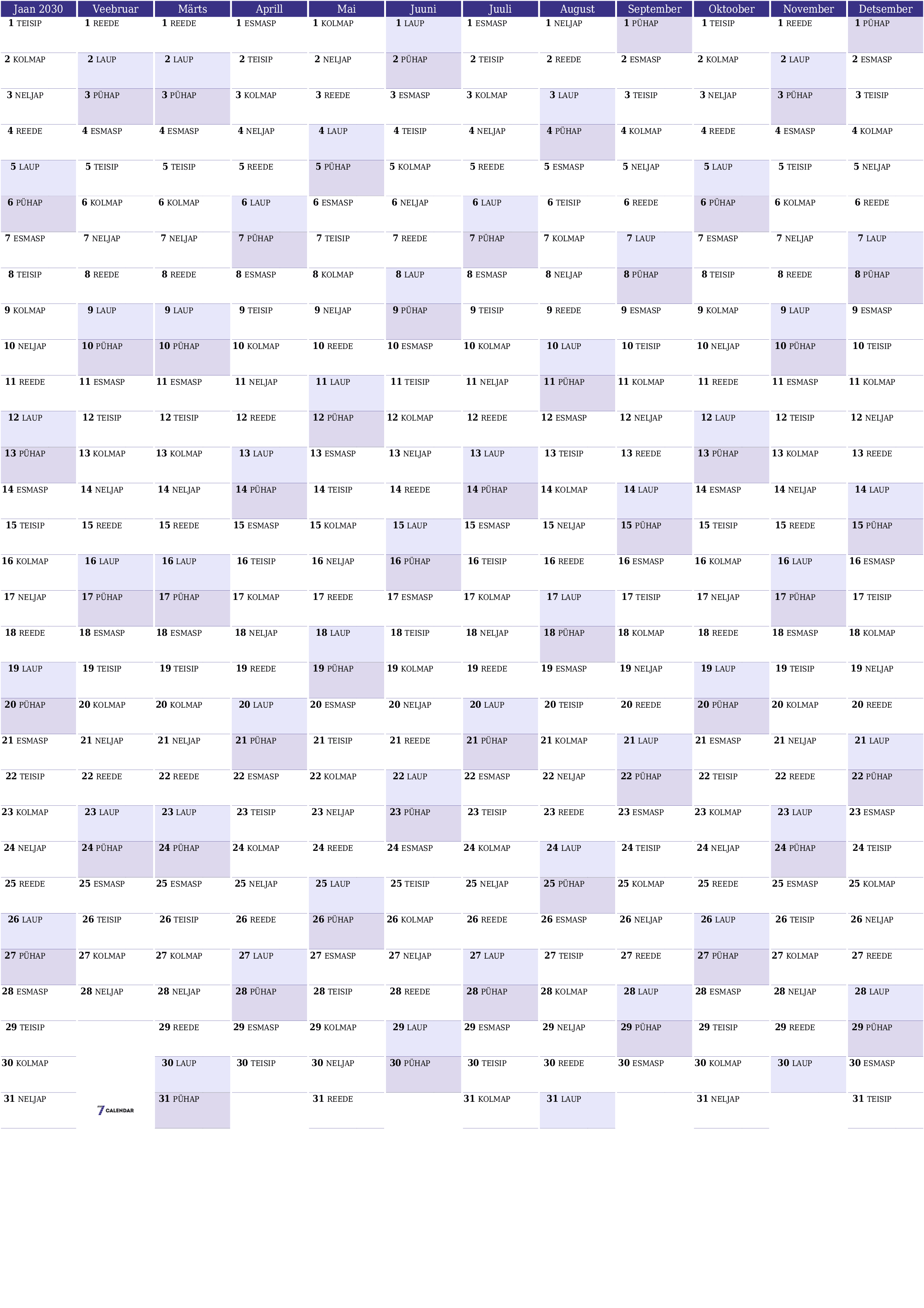 Tühi aasta planeerija kalender aastaks 2030 koos märkmetega, salvestage ja printige PDF-i PNG Estonian