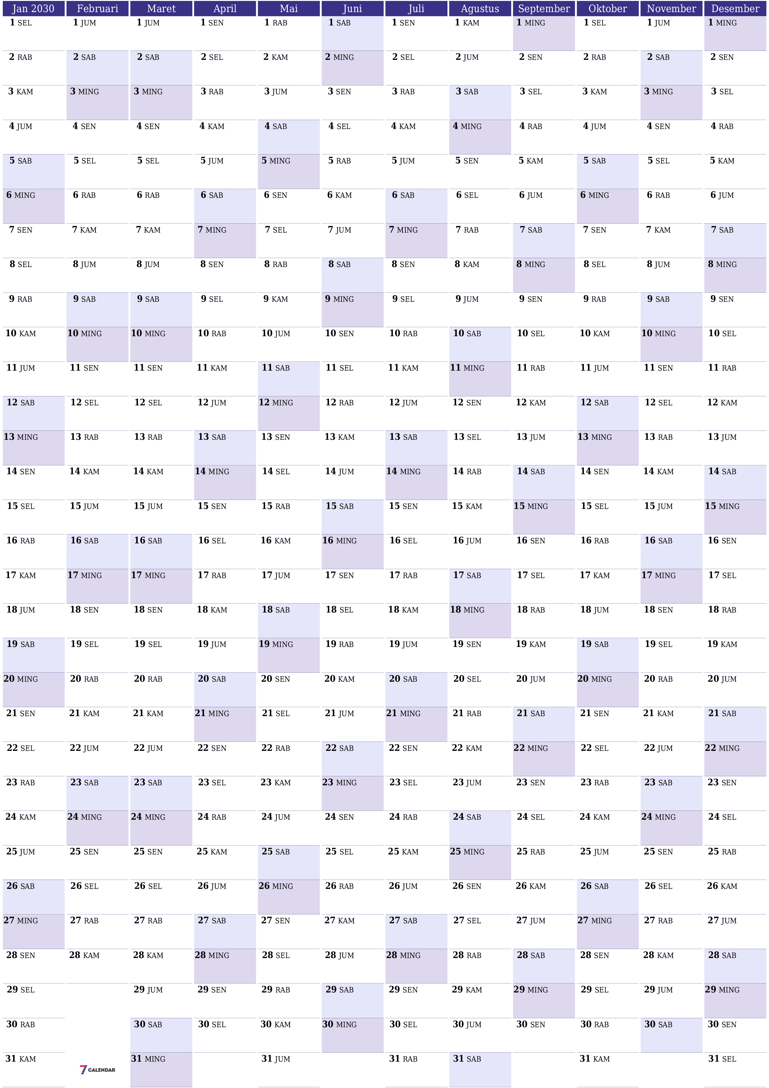 Kosongkan kalender perencana tahunan untuk tahun ini 2030 dengan catatan, simpan dan cetak ke PDF PNG Indonesian