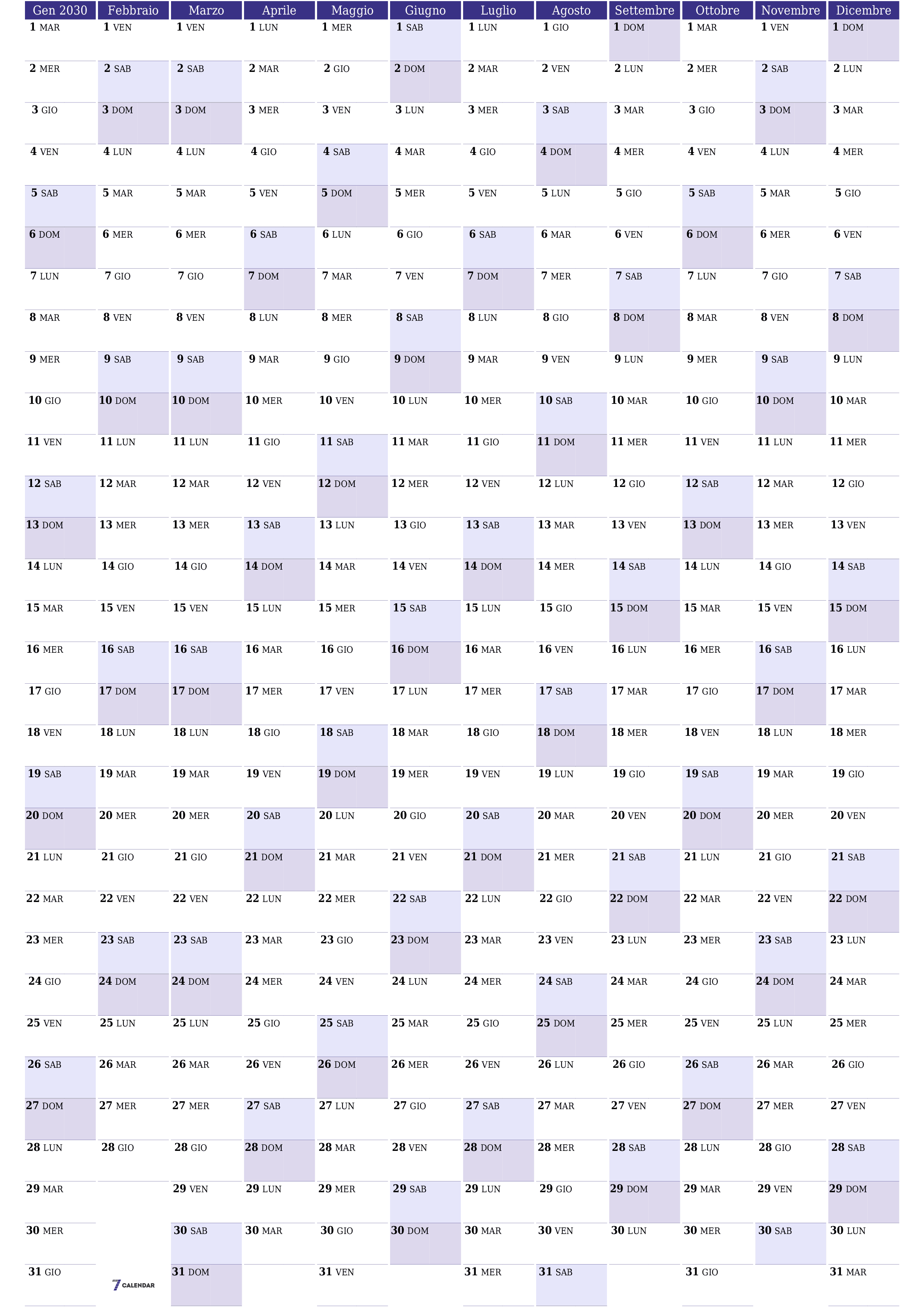 Calendario pianificatore annuale vuoto per l'anno 2030 con note, salva e stampa in PDF PNG Italian