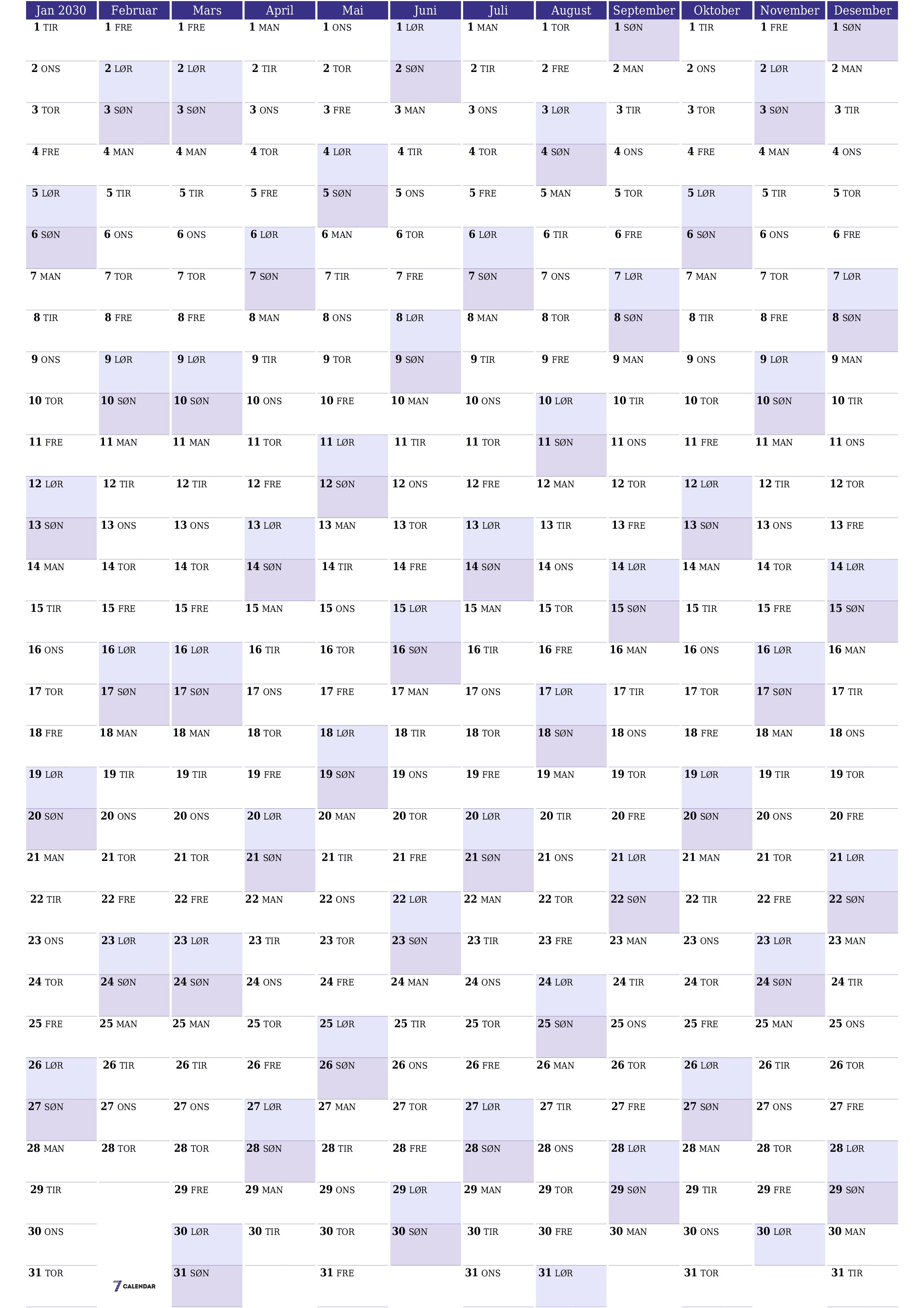 Tom årlig planleggerkalender for året 2030 med notater, lagre og skrive ut i PDF PNG Norwegian