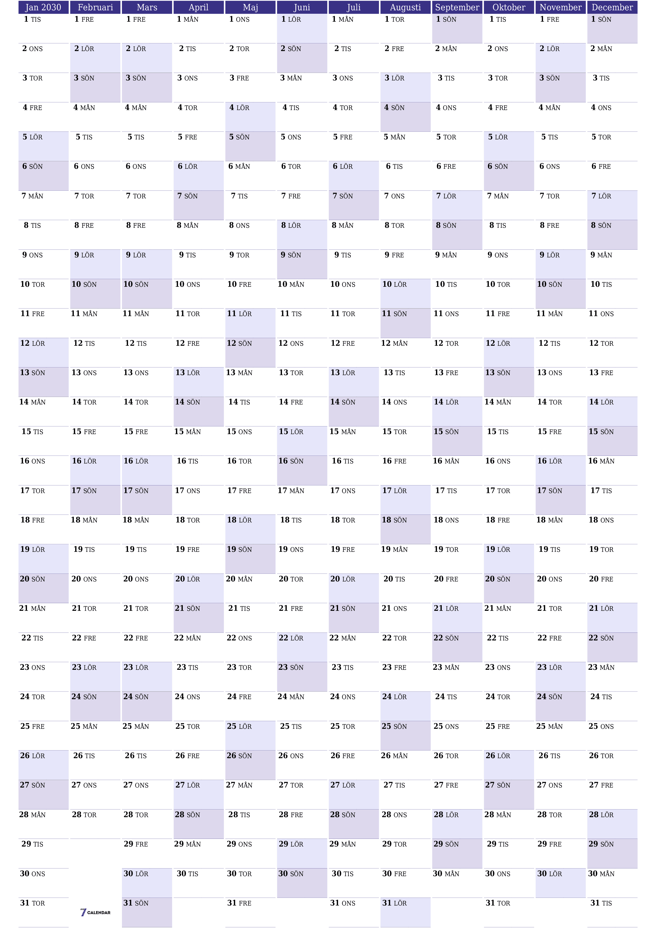 utskrivbar vägg mall gratis vertikal Årlig planerare kalender Juni (Jun) 2030