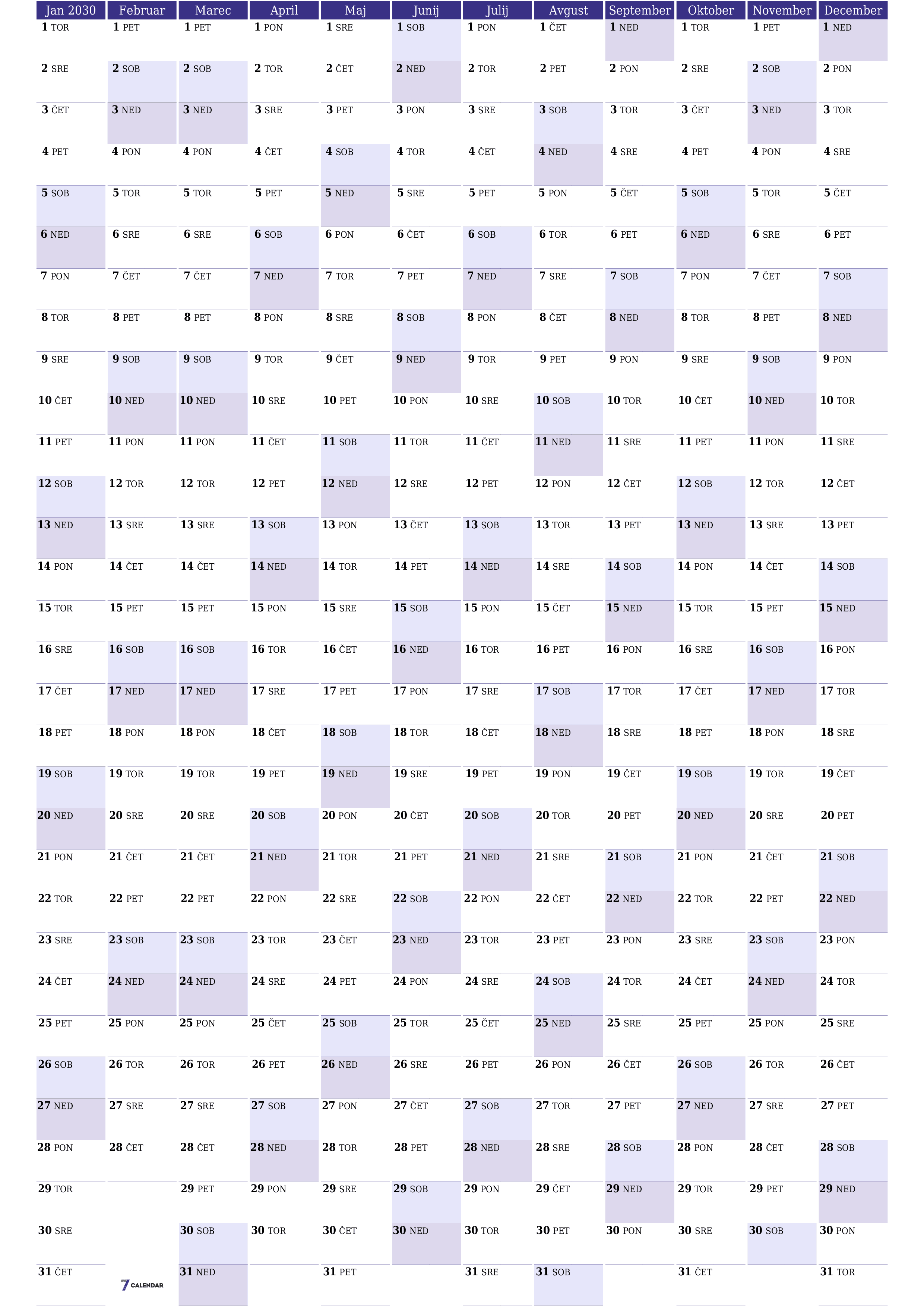 Prazen letni načrtovalec koledarja za leto 2030 z opombami za tiskanje v PDF-ju PNG Slovenian