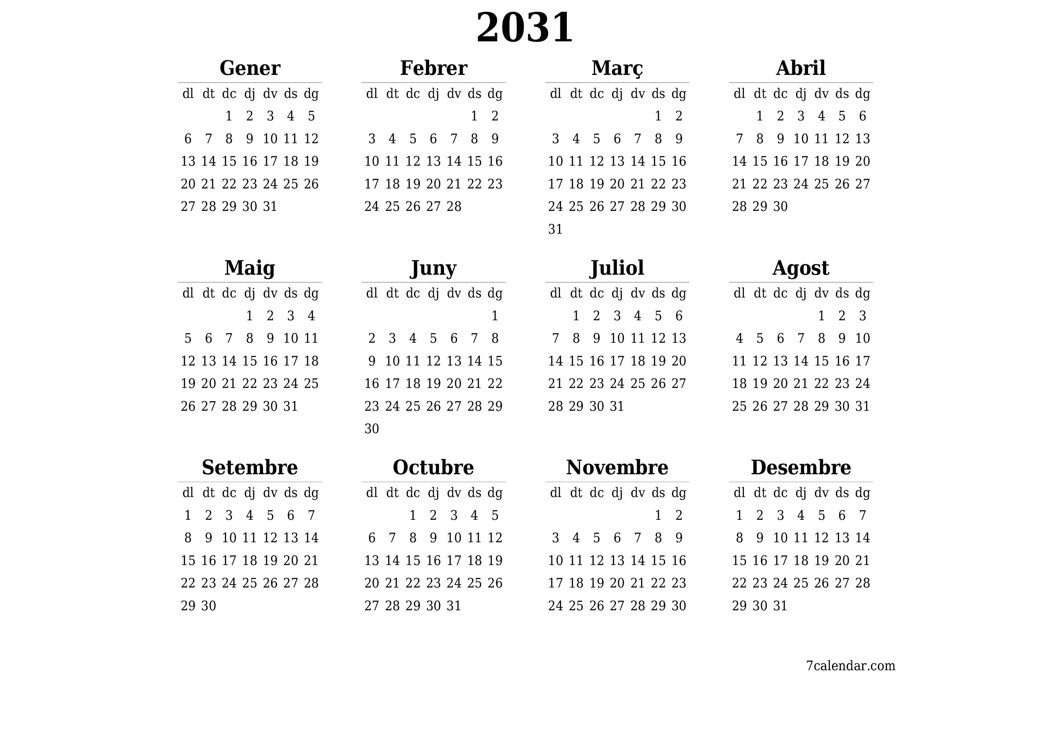 Planificador anual buit 2031 amb notes desades i imprimides en PDF PNG Catalan