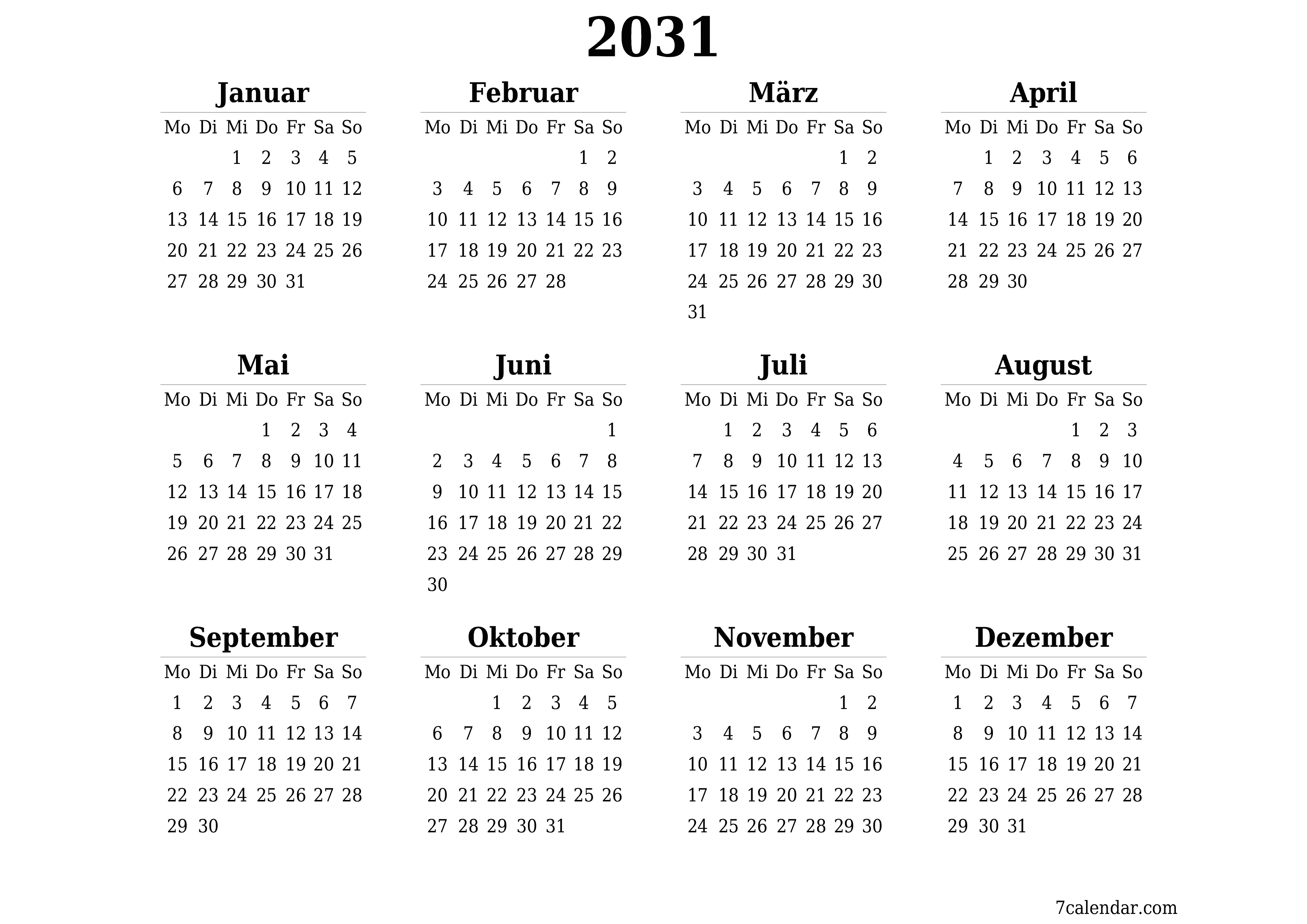 Jahresplanerkalender für das Jahr 2031 mit Notizen leeren, speichern und als PDF PNG German - 7calendar.com drucken