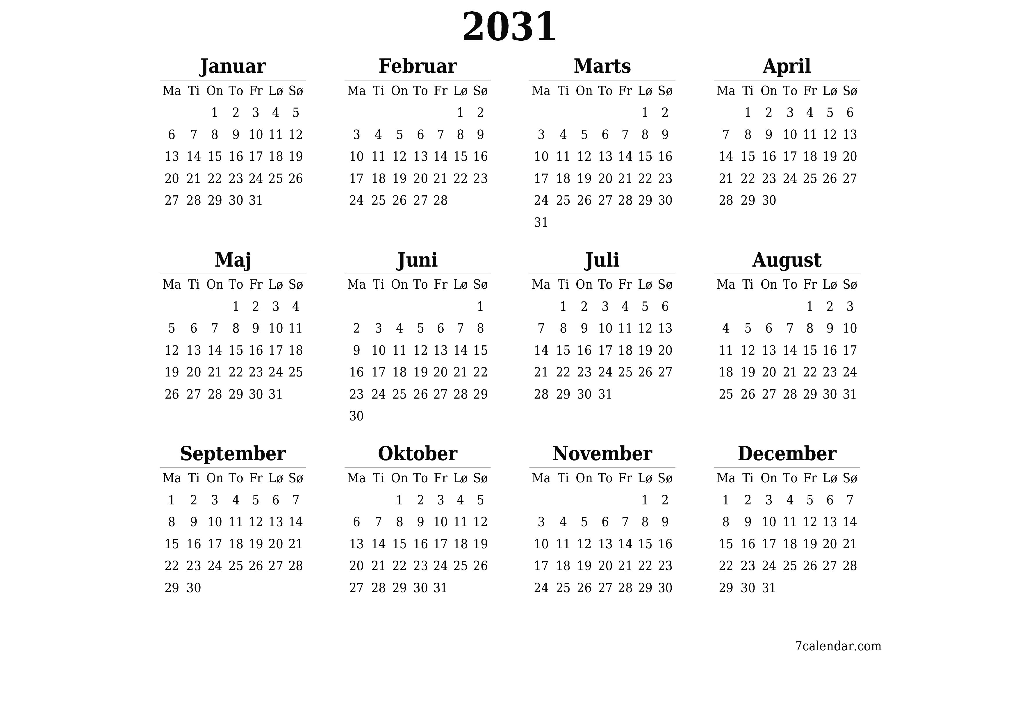 Tom årlig planlægningskalender for året 2031 med noter, gem og udskriv til PDF PNG Danish