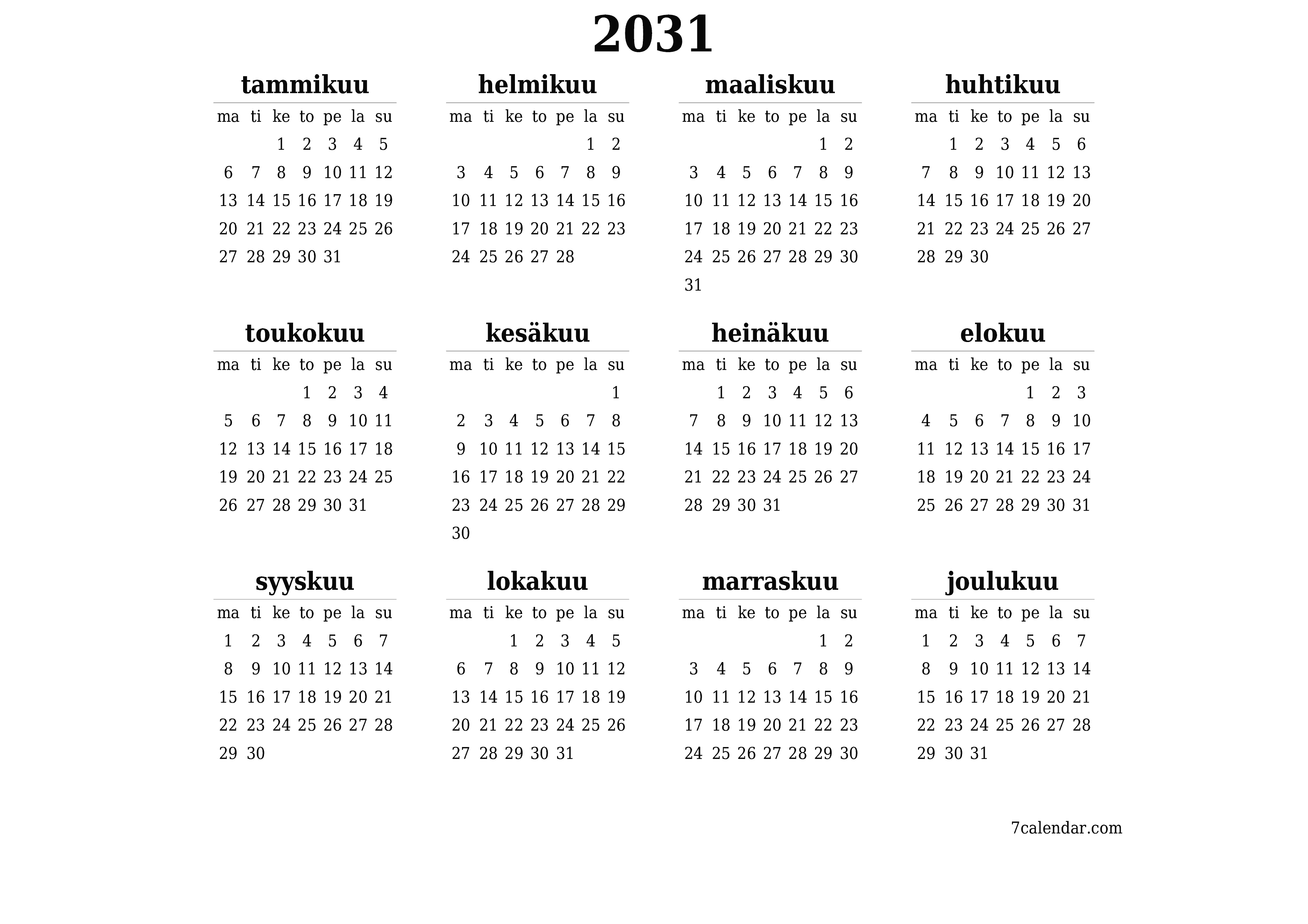 Tyhjä vuosisuunnittelukalenteri vuodelle 2031 muistiinpanoilla, tallenna ja tulosta PDF-muotoon PNG Finnish