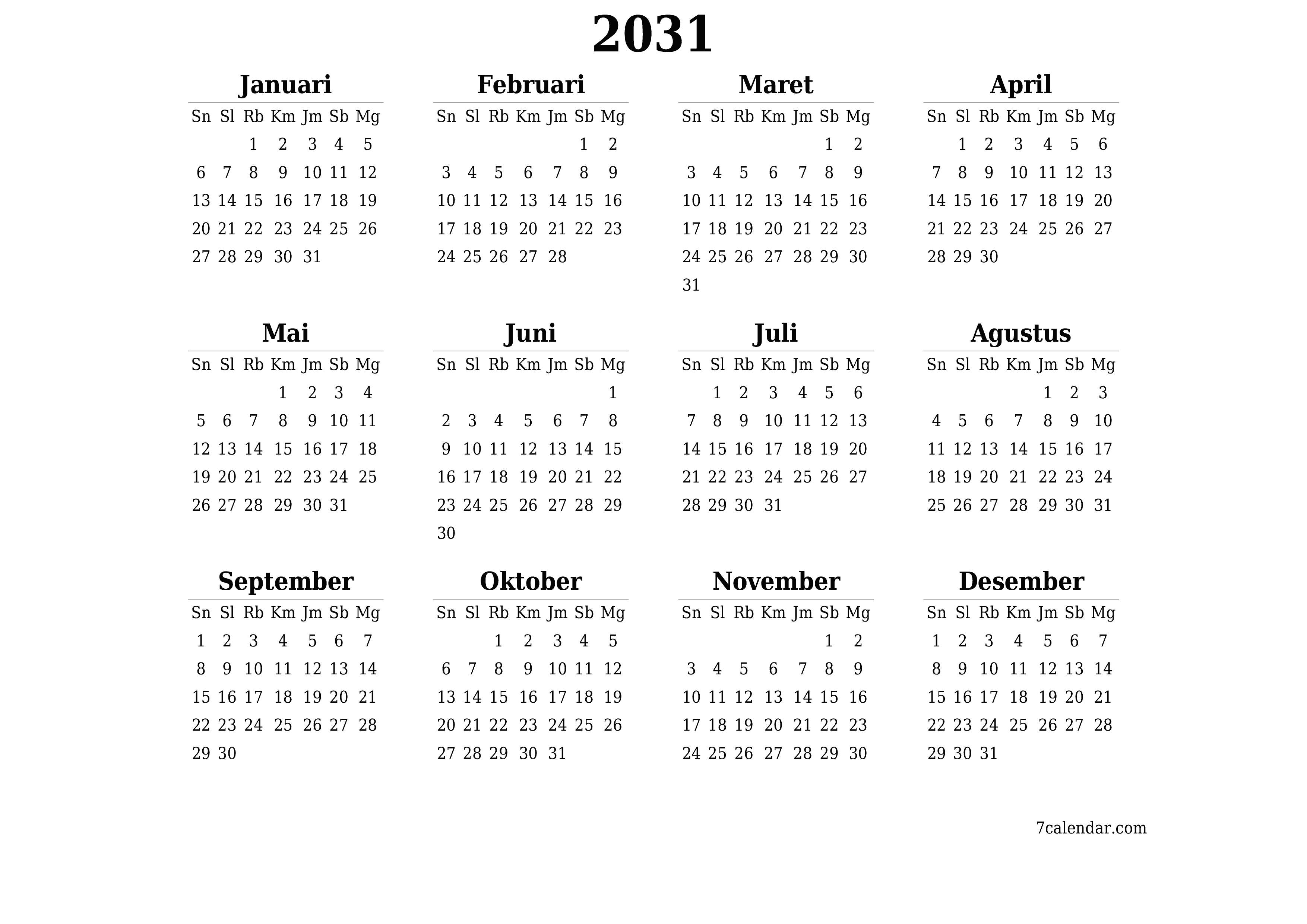 Kosongkan kalender perencana tahunan untuk tahun ini 2031 dengan catatan, simpan dan cetak ke PDF PNG Indonesian